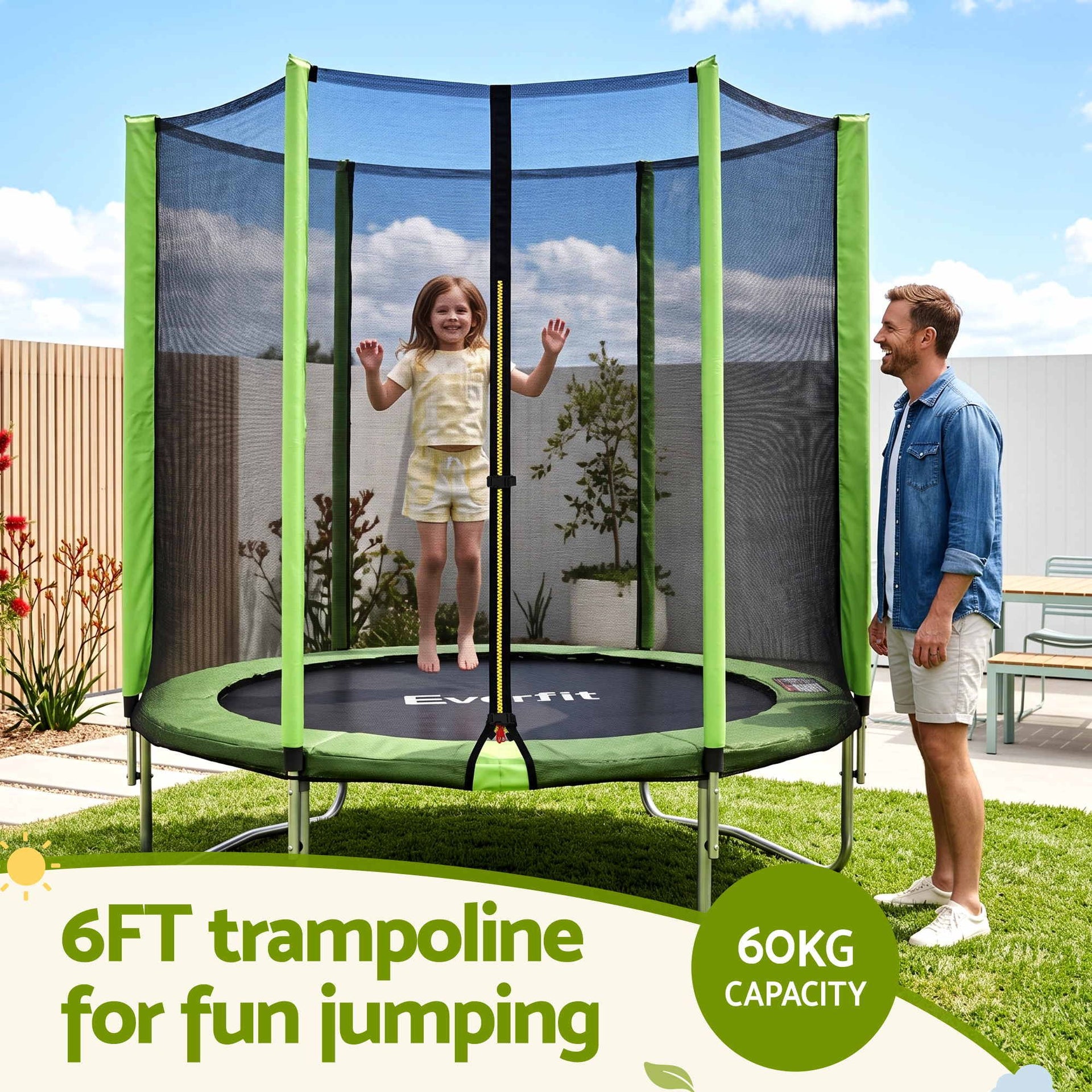 Everfit 6FT Kids Trampoline Round Rebounder with Enclosure Net Green Awezingly