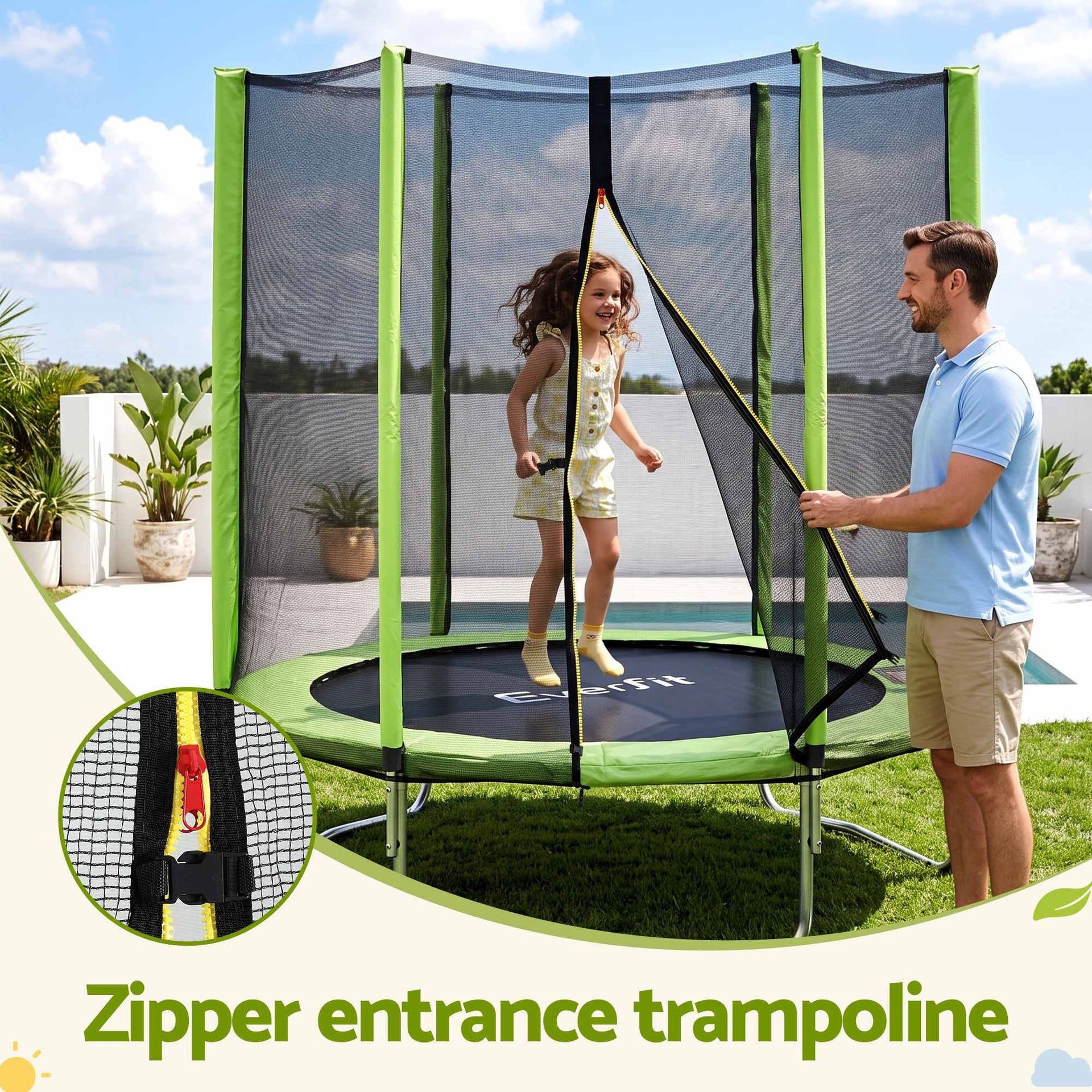 Everfit 6FT Kids Trampoline Round Rebounder with Enclosure Net Green Awezingly