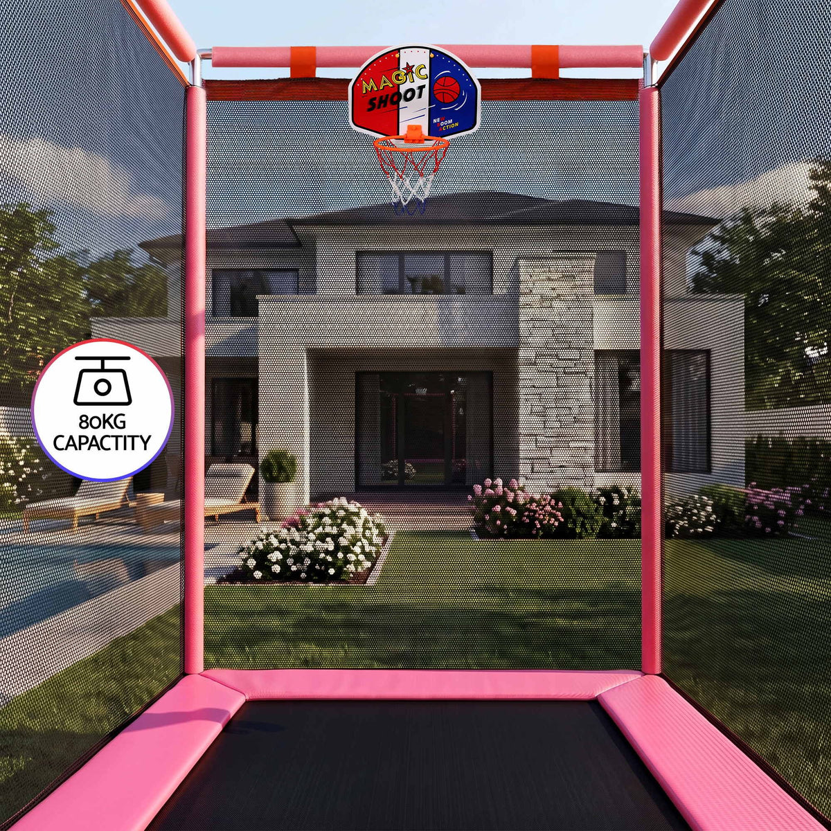 Everfit Kids 4.5FT Trampoline Rectangle Rebounder with Basketball Hoop Pink Awezingly