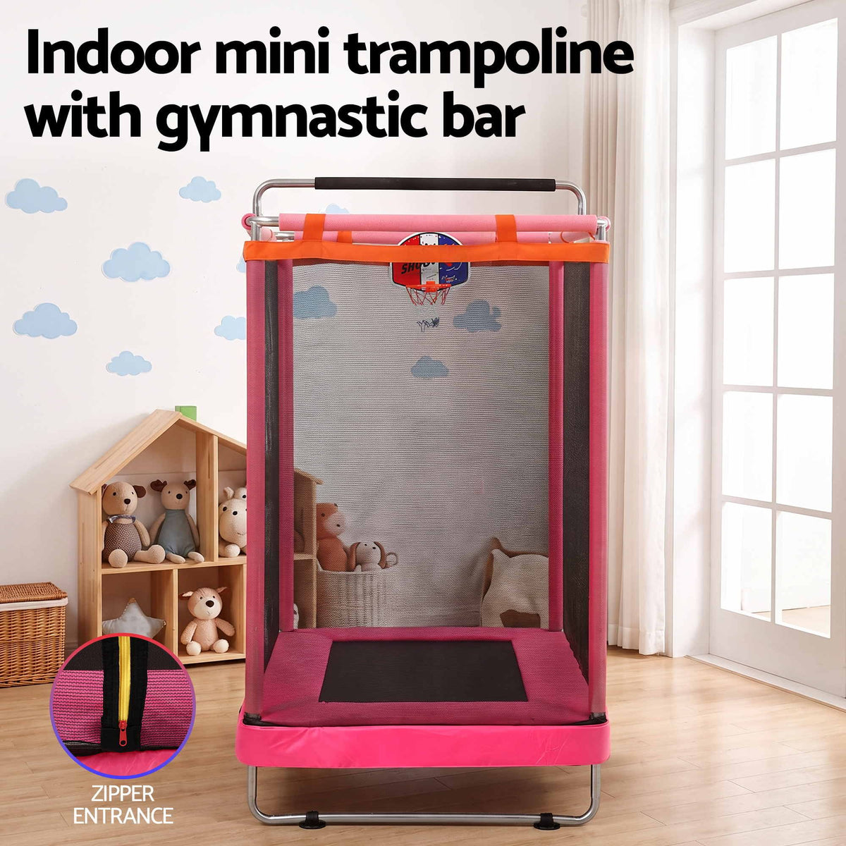 Everfit Kids 4.5FT Trampoline Rectangle Rebounder with Basketball Hoop Pink Awezingly