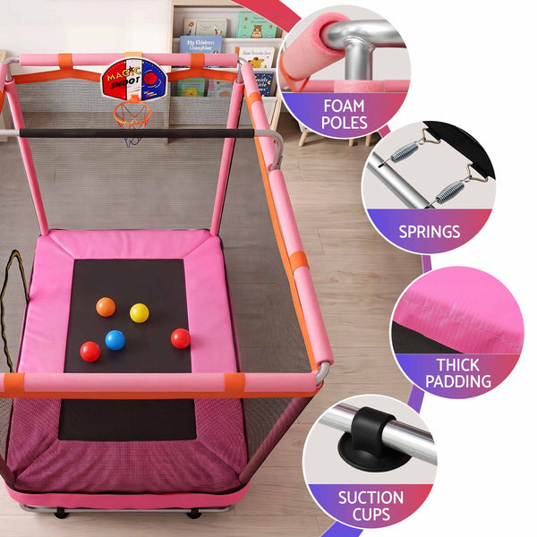 Everfit Kids 4.5FT Trampoline Rectangle Rebounder with Basketball Hoop Pink Awezingly
