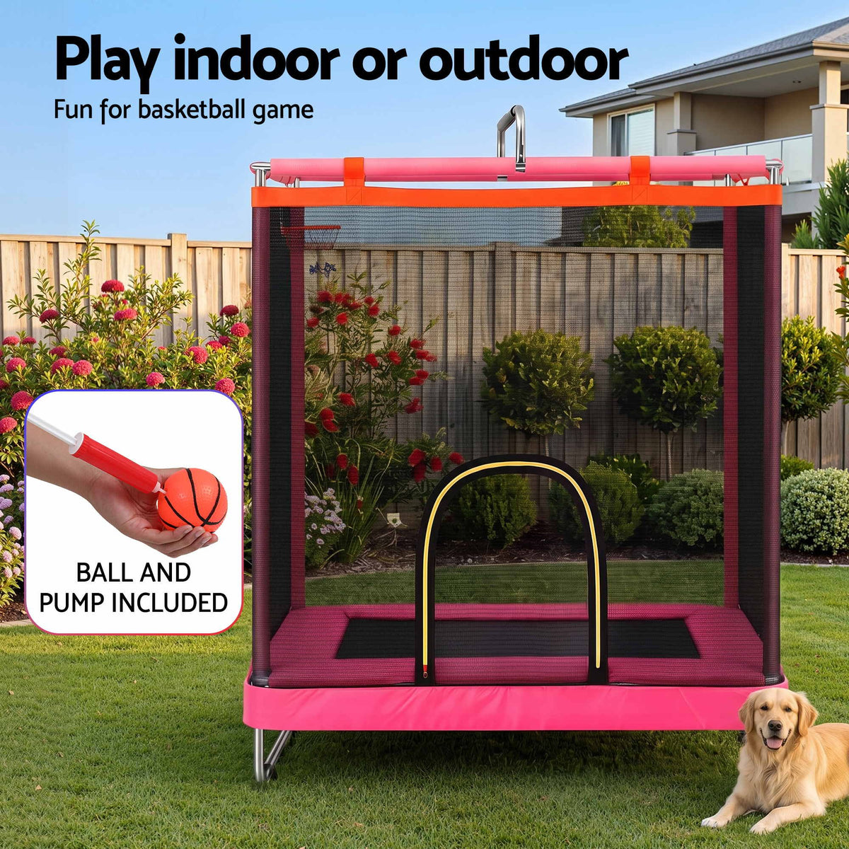 Everfit Kids 4.5FT Trampoline Rectangle Rebounder with Basketball Hoop Pink Awezingly