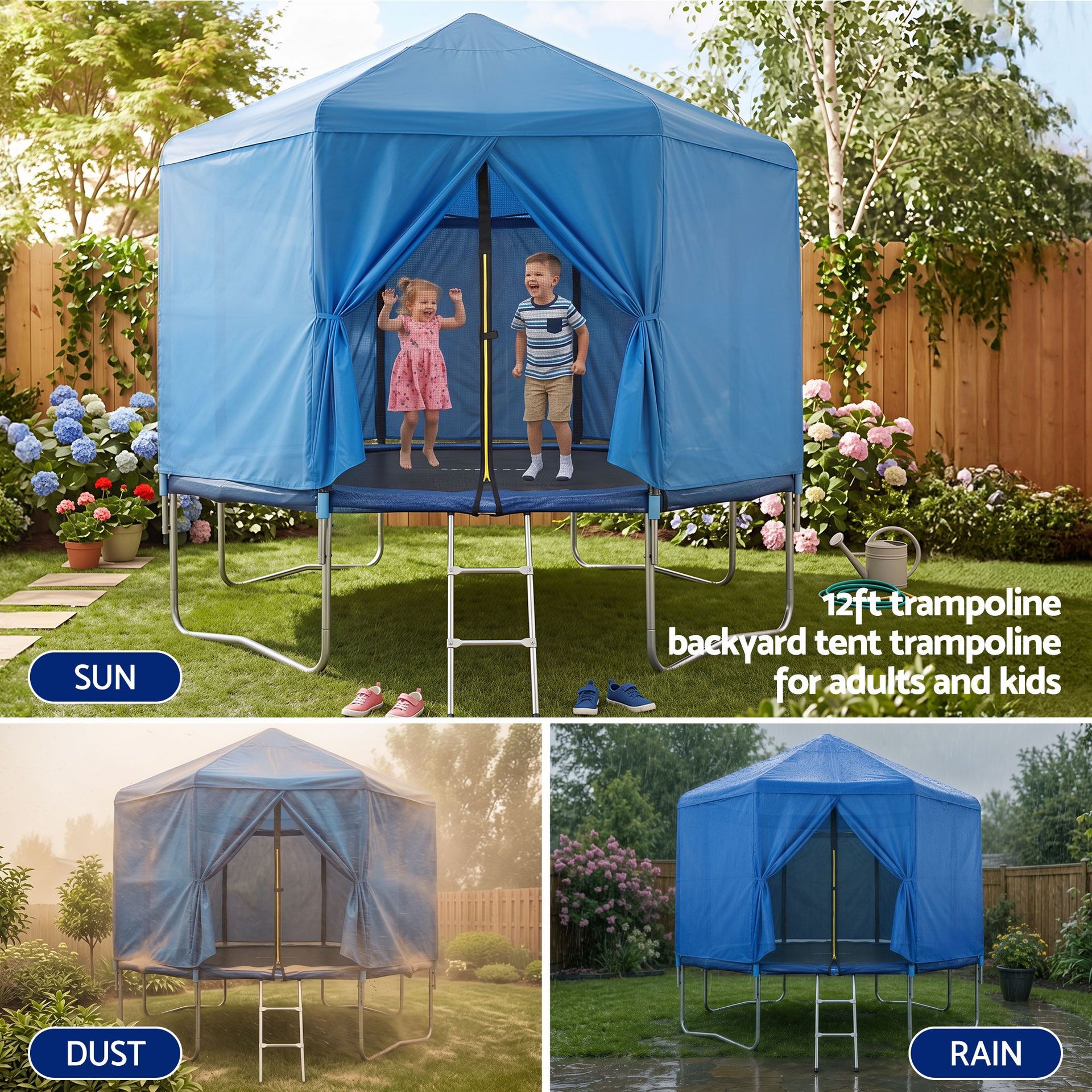 Everfit 12FT Kids Trampoline with Blue Tent Cover Ladder Rebounder Outdoor Toys Awezingly