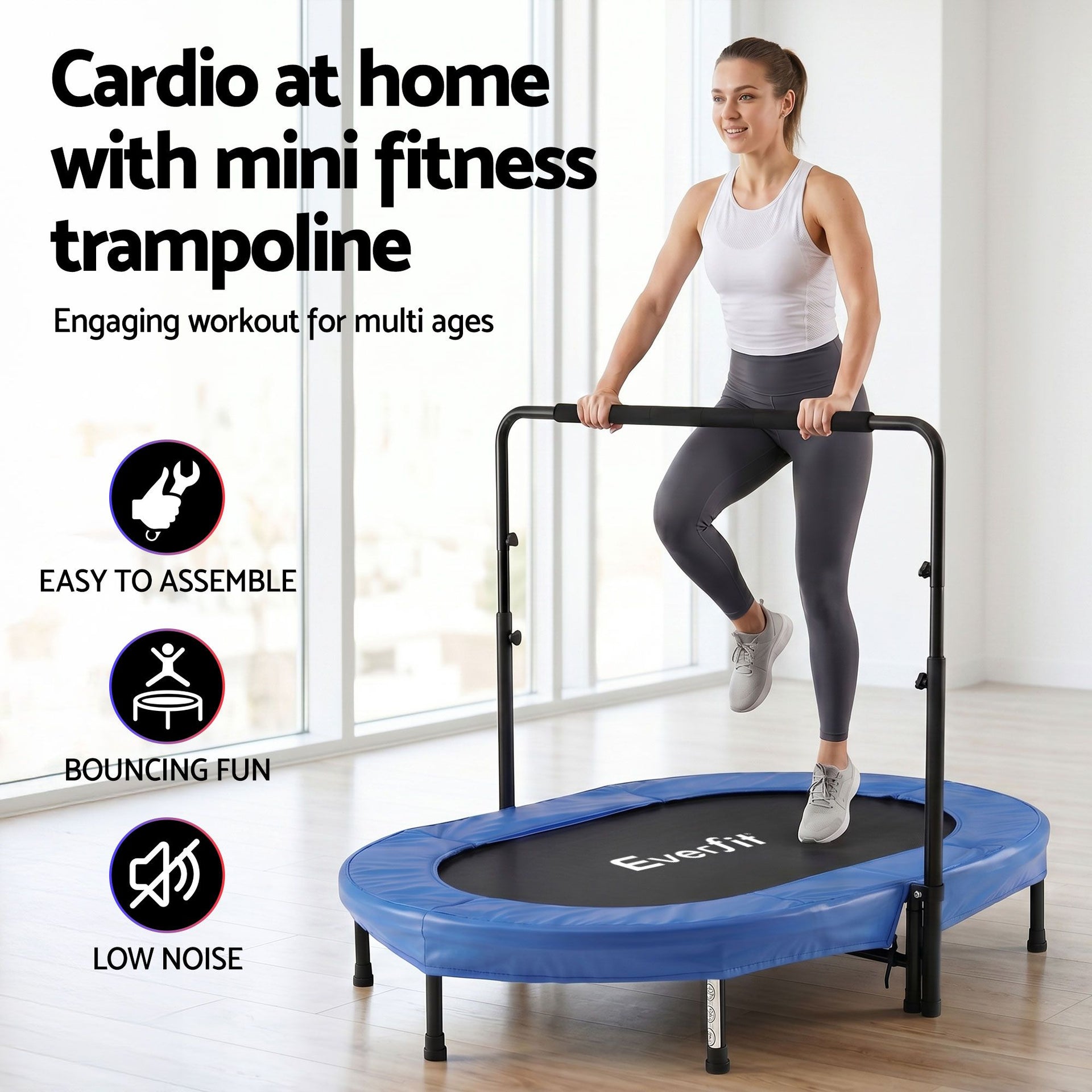Everfit 56-Inch Foldable Fitness Trampoline Indoor Rebounder Adjustable Handrail Awezingly