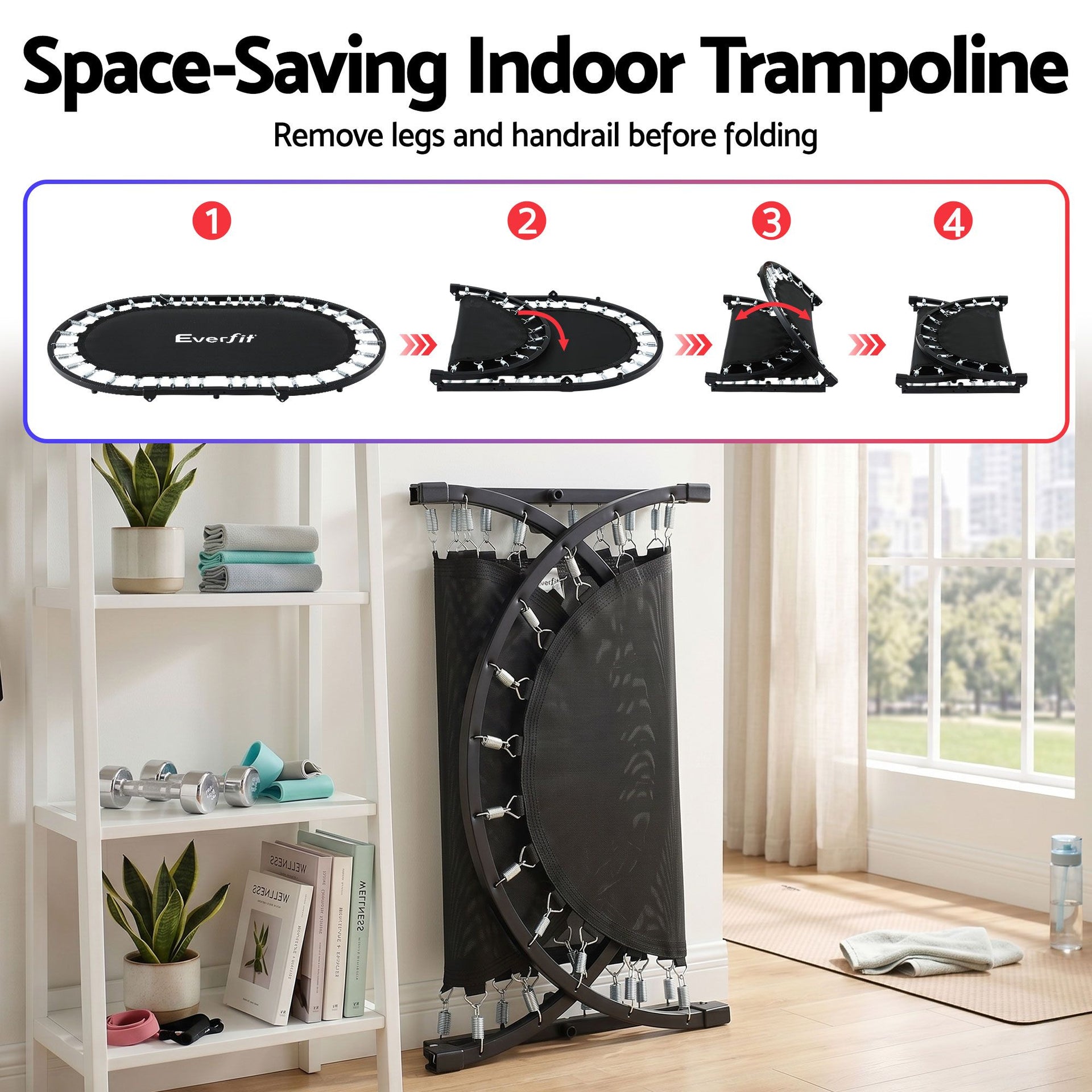 Everfit 56-Inch Foldable Fitness Trampoline Indoor Rebounder Adjustable Handrail Awezingly