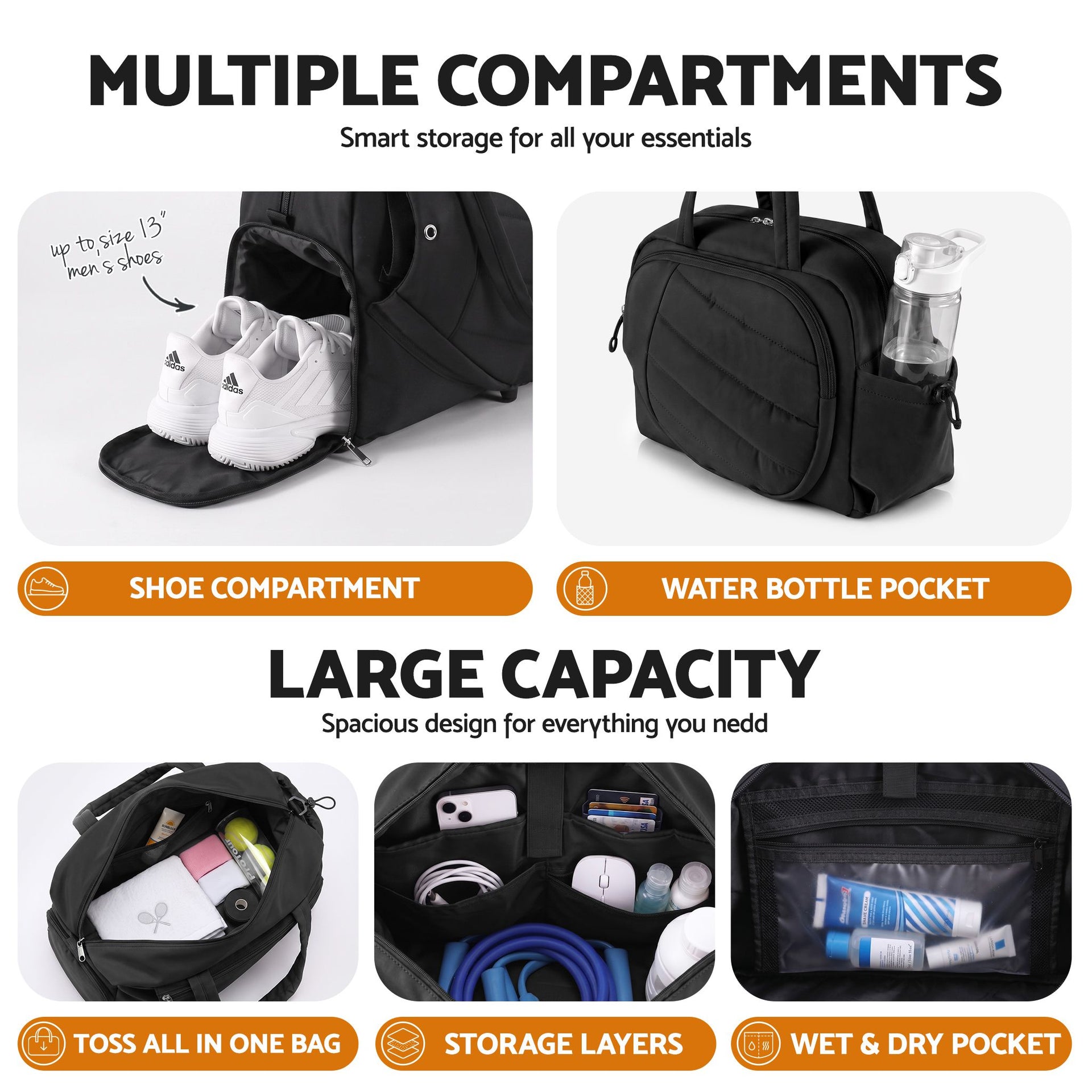 Everfit Tennis Tote Bag Gym Bag Sports Duffle Bags Holds 2 Rackets Black Awezingly