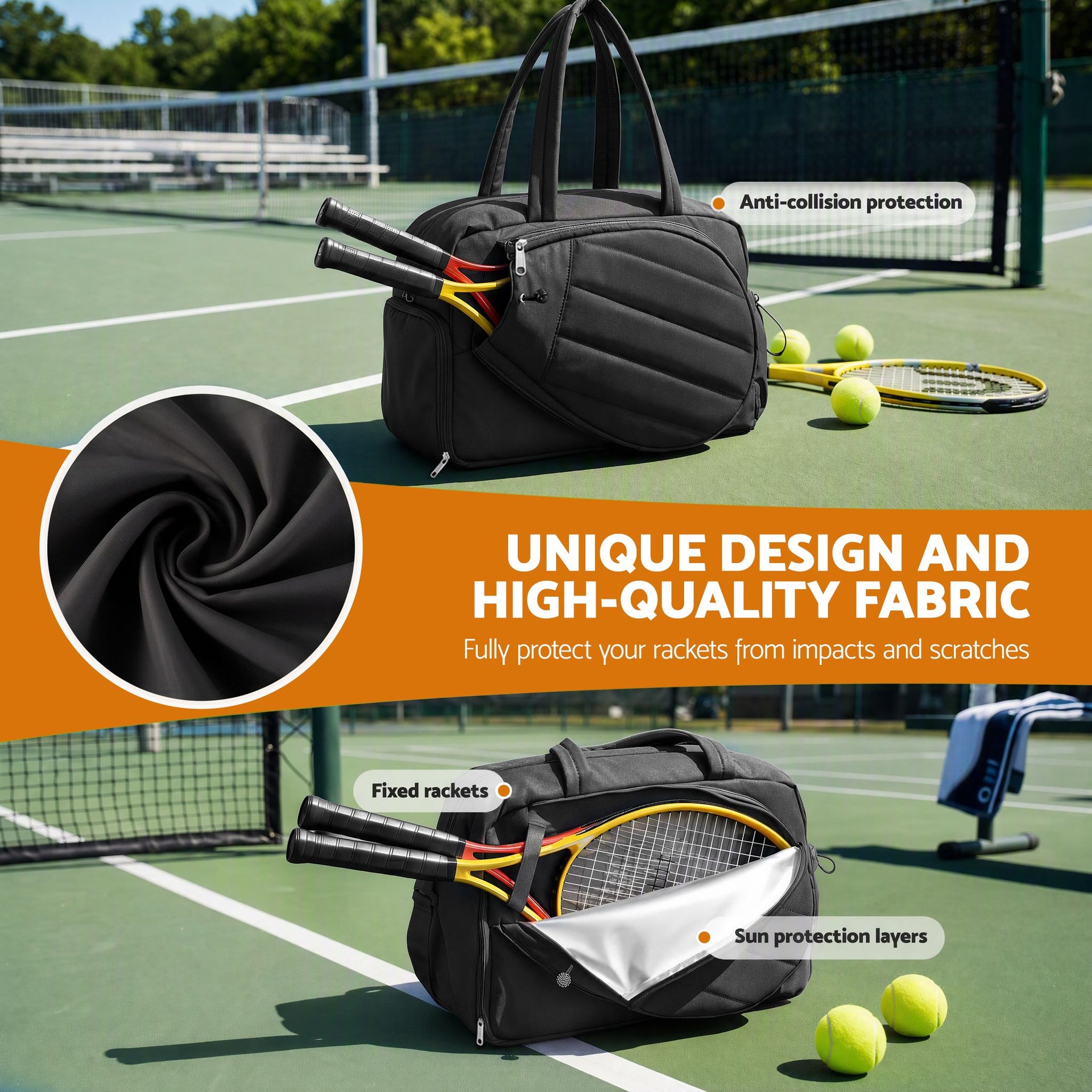 Everfit Tennis Tote Bag Gym Bag Sports Duffle Bags Holds 2 Rackets Black Awezingly