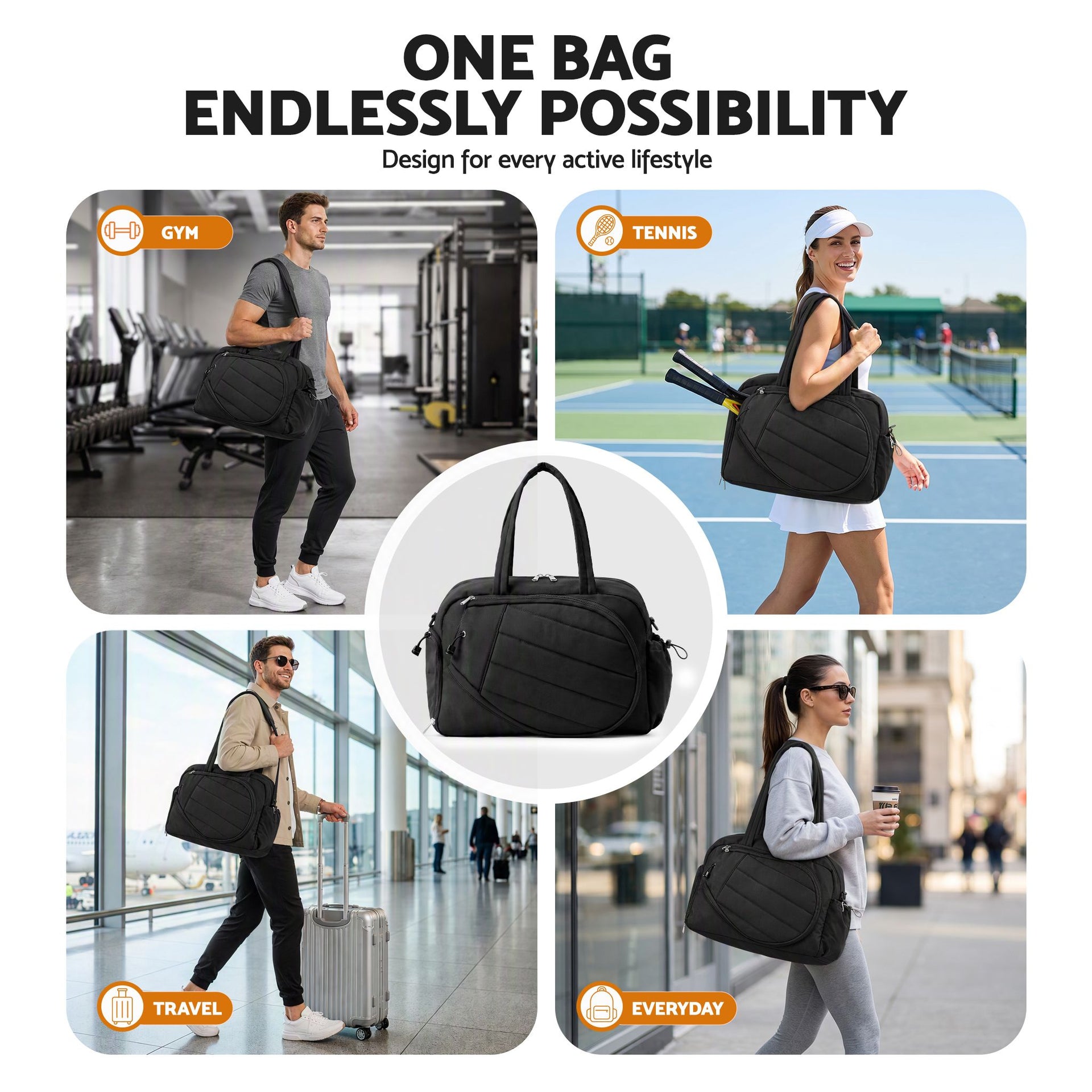 Everfit Tennis Tote Bag Gym Bag Sports Duffle Bags Holds 2 Rackets Black Awezingly