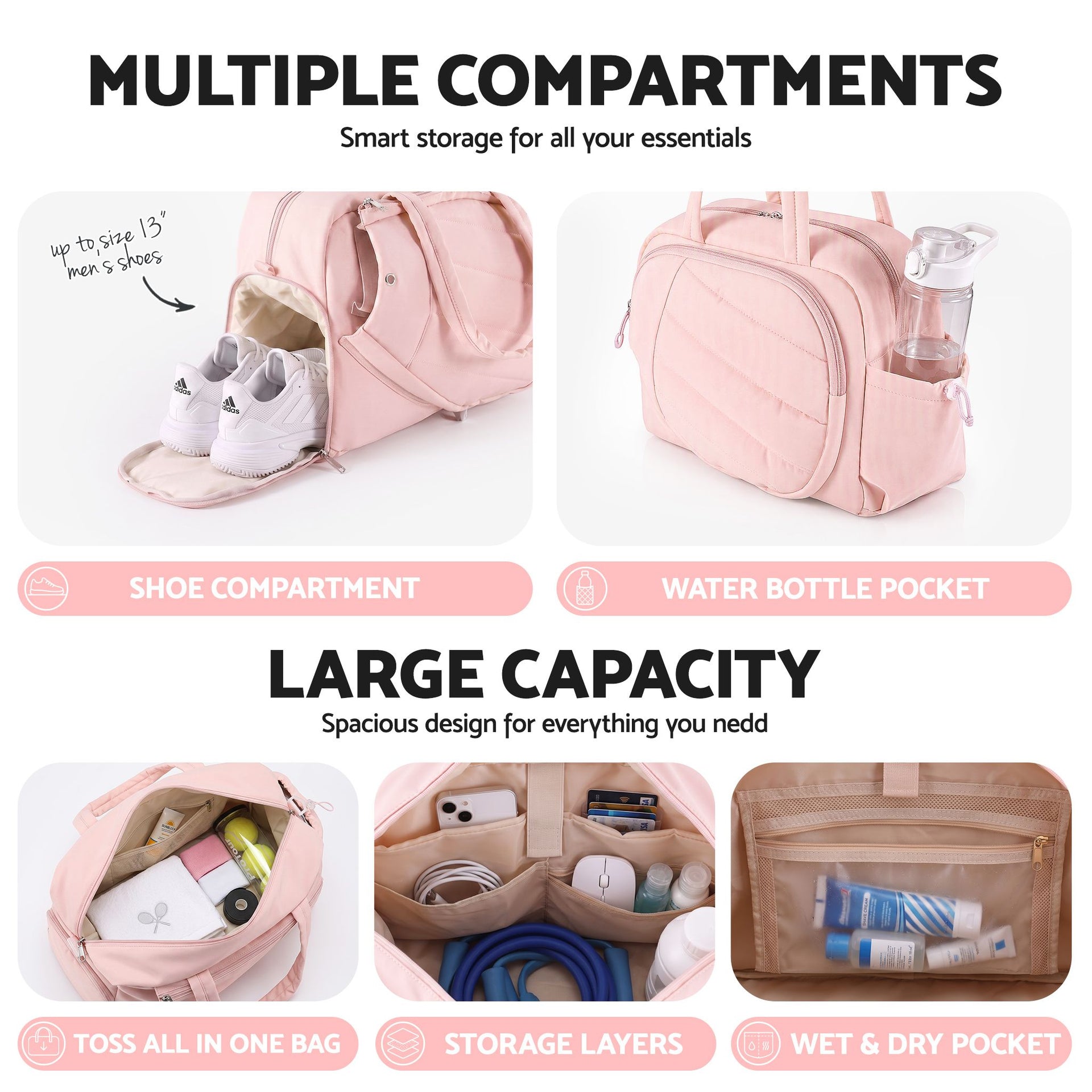 Everfit Tennis Tote Bag Gym Bag Sports Duffle Bags Holds 2 Rackets Pink Awezingly