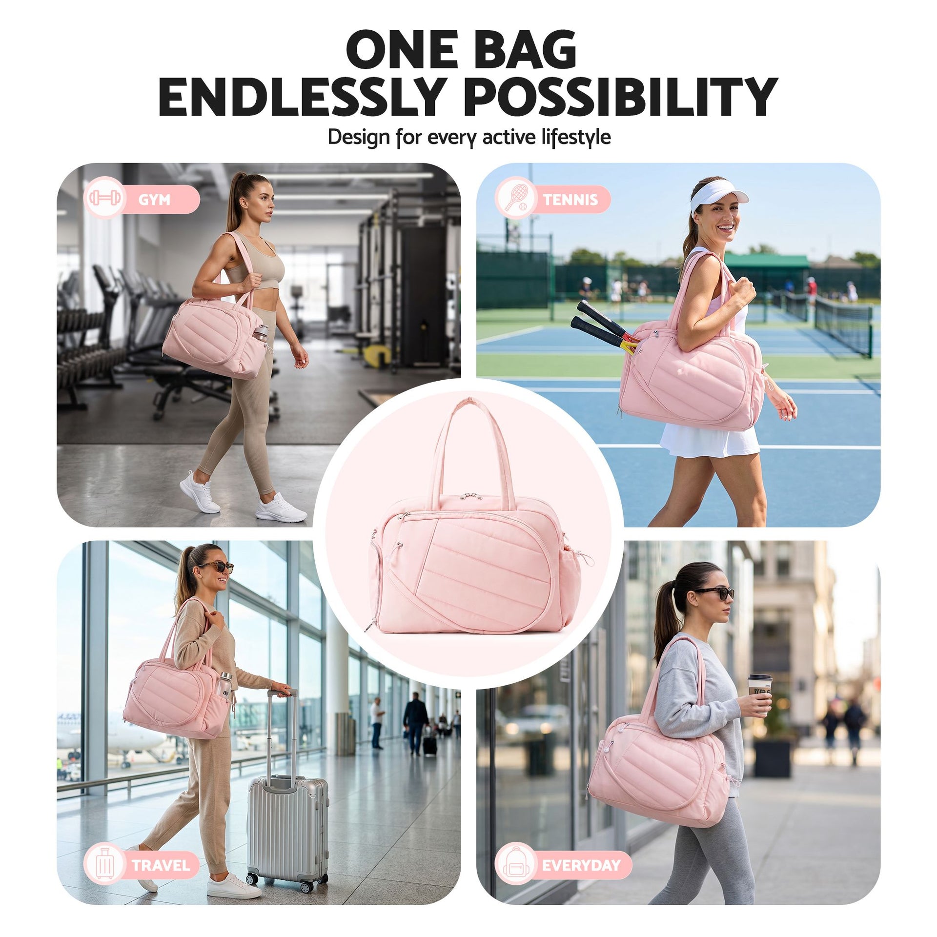 Everfit Tennis Tote Bag Gym Bag Sports Duffle Bags Holds 2 Rackets Pink Awezingly