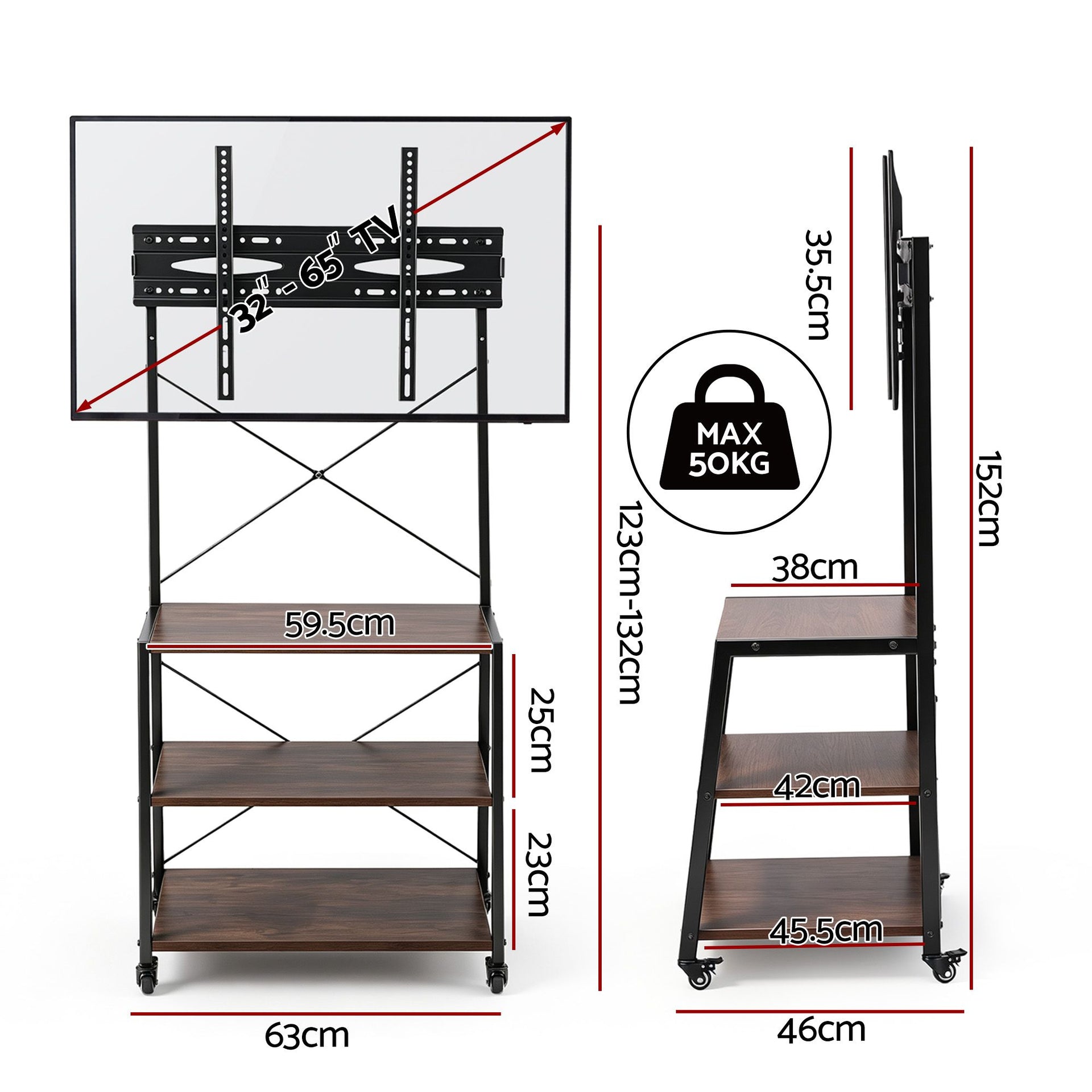Artiss Mobile TV Stand 32-65 Inch TVs Mount 50kg with 3 MDF Shelves Lockable Wheels Adjustable Feet Awezingly