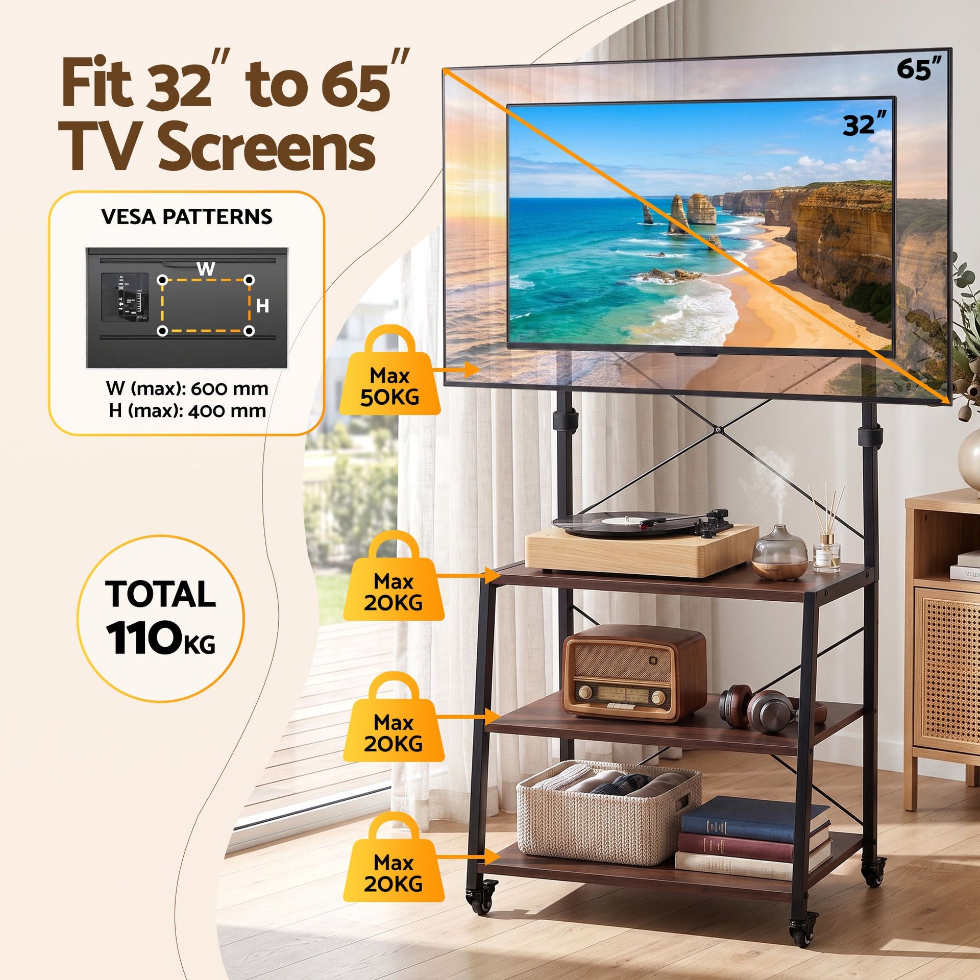 Artiss Mobile TV Stand 32-65 Inch TVs Mount 50kg with 3 MDF Shelves Lockable Wheels Adjustable Feet Awezingly