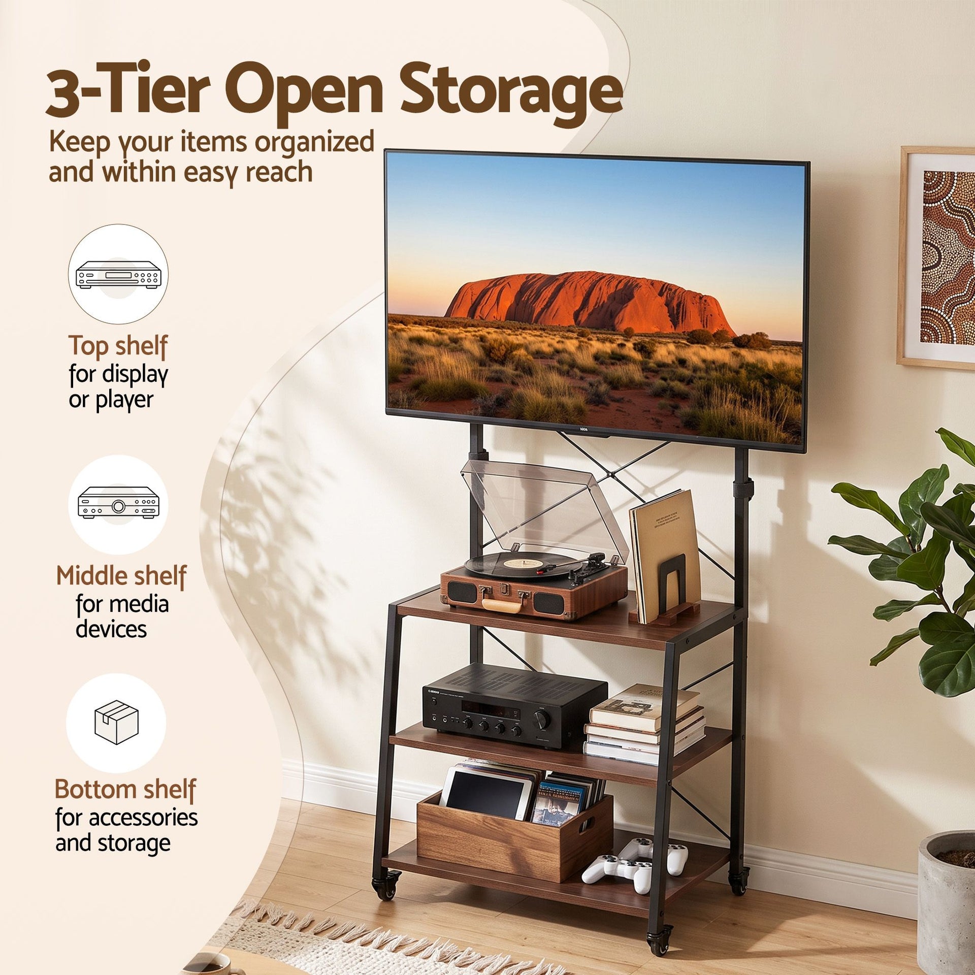 Artiss Mobile TV Stand 32-65 Inch TVs Mount 50kg with 3 MDF Shelves Lockable Wheels Adjustable Feet Awezingly