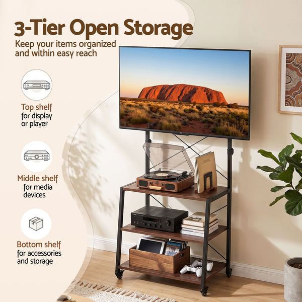 Artiss Mobile TV Stand 32-65 Inch TVs Mount 50kg with 3 MDF Shelves Lockable Wheels Adjustable Feet Awezingly