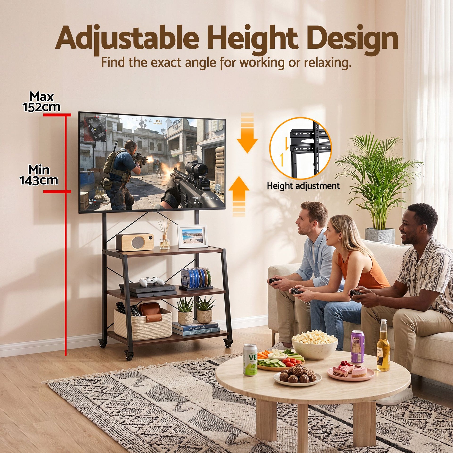 Artiss Mobile TV Stand 32-65 Inch TVs Mount 50kg with 3 MDF Shelves Lockable Wheels Adjustable Feet Awezingly