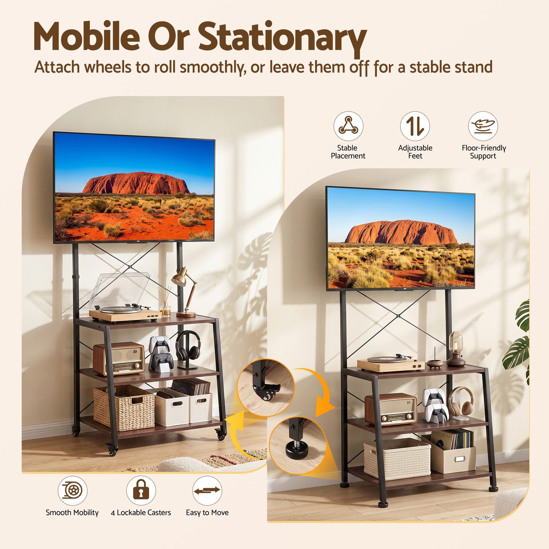 Artiss Mobile TV Stand 32-65 Inch TVs Mount 50kg with 3 MDF Shelves Lockable Wheels Adjustable Feet Awezingly