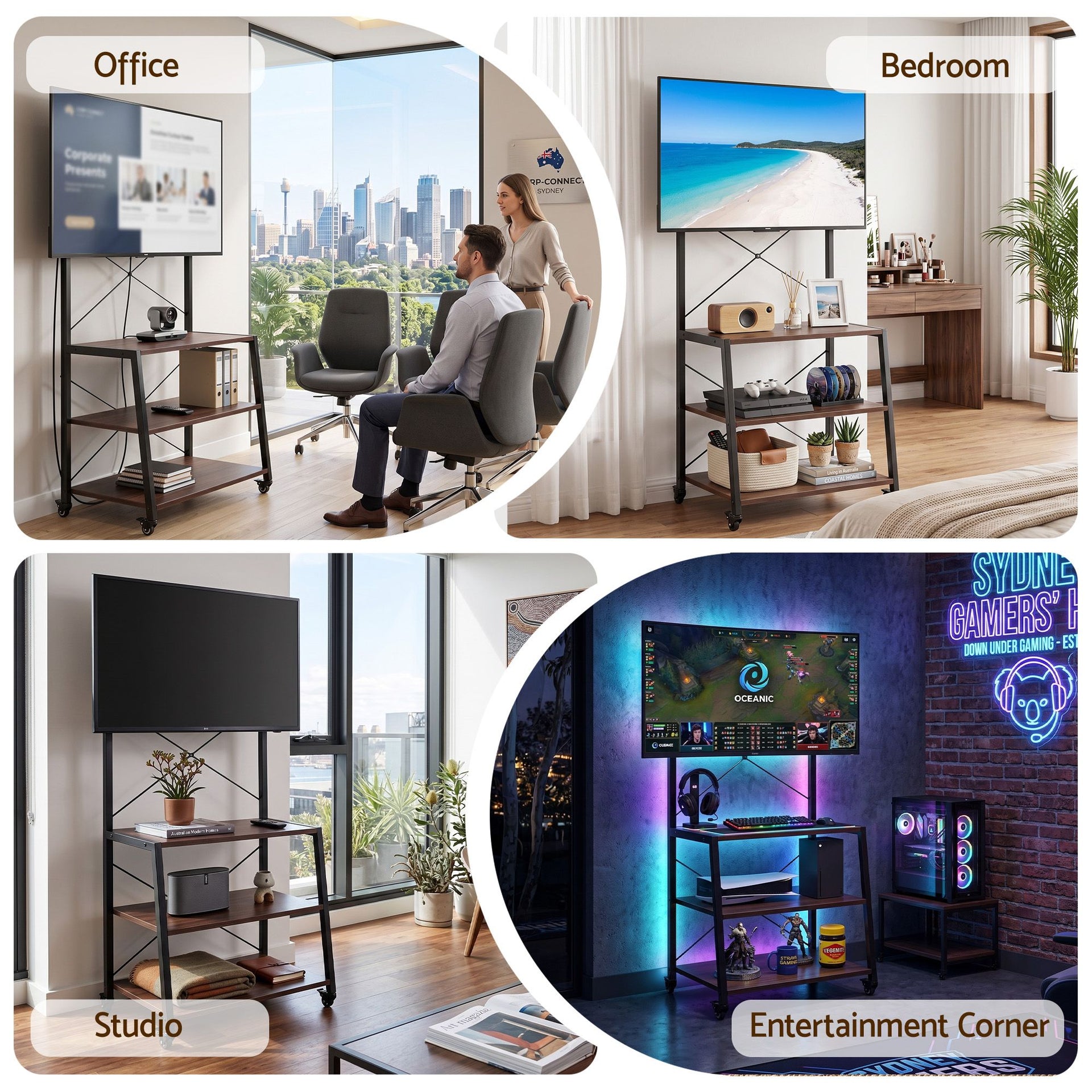 Artiss Mobile TV Stand 32-65 Inch TVs Mount 50kg with 3 MDF Shelves Lockable Wheels Adjustable Feet Awezingly
