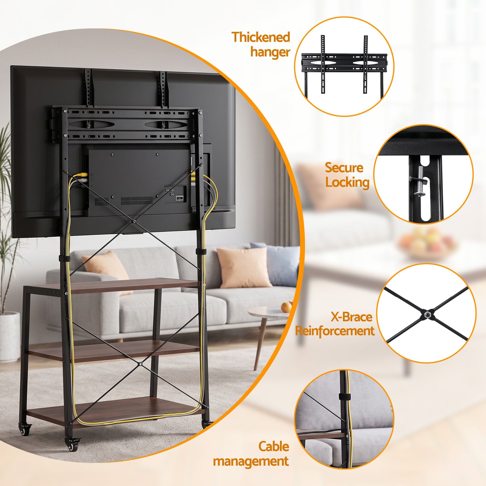 Artiss Mobile TV Stand 32-65 Inch TVs Mount 50kg with 3 MDF Shelves Lockable Wheels Adjustable Feet Awezingly