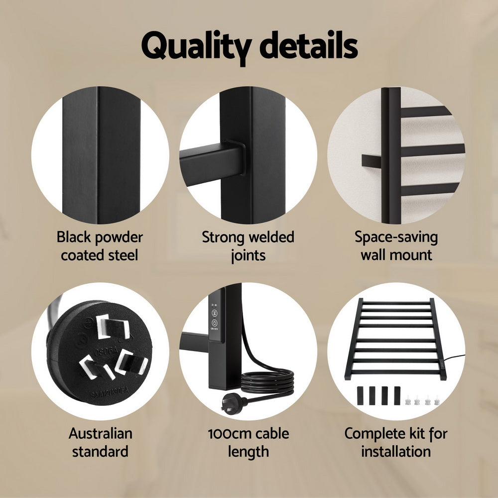 Devanti Heated Towel Rail 8 Square Bars with Timer Electric Heater Warmer Rack Devanti