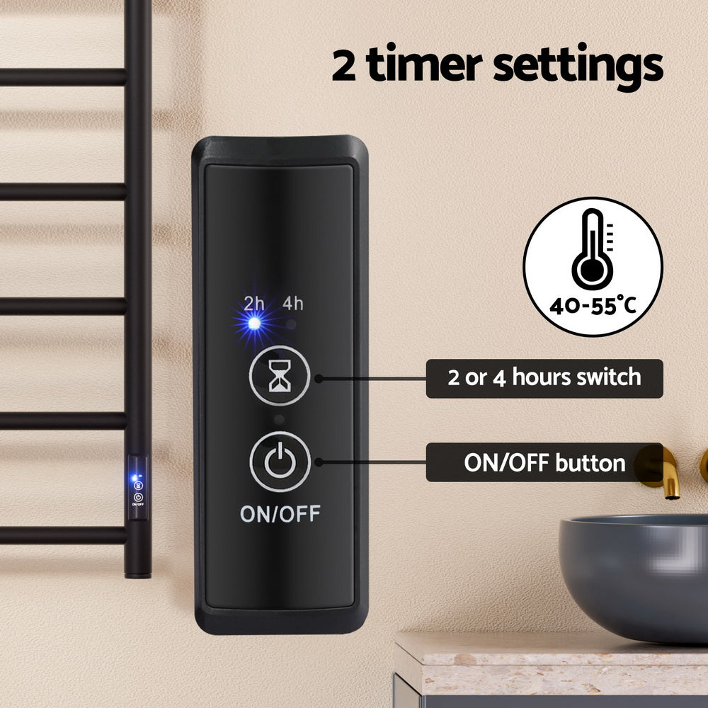 Devanti Heated Towel Rail 6 Round Bars  with Timer Electric Heater Warmer Rack Devanti