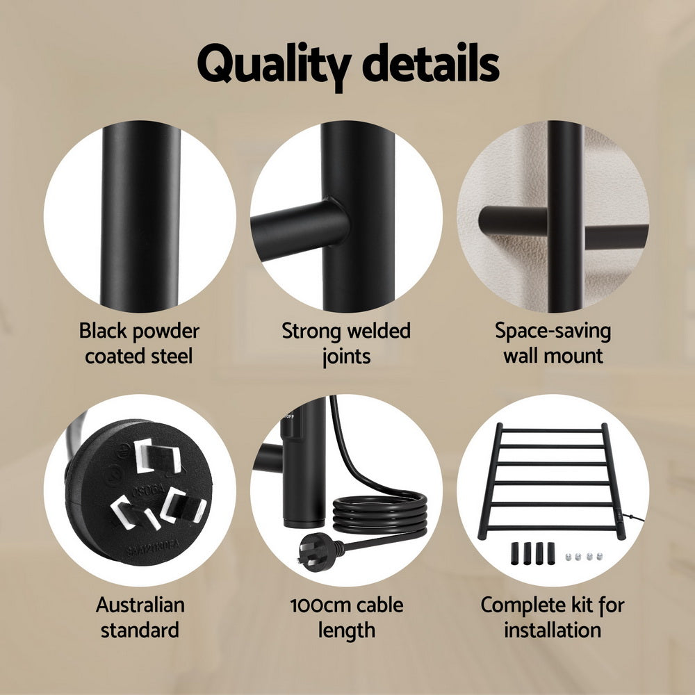 Devanti Heated Towel Rail 6 Round Bars  with Timer Electric Heater Warmer Rack Devanti