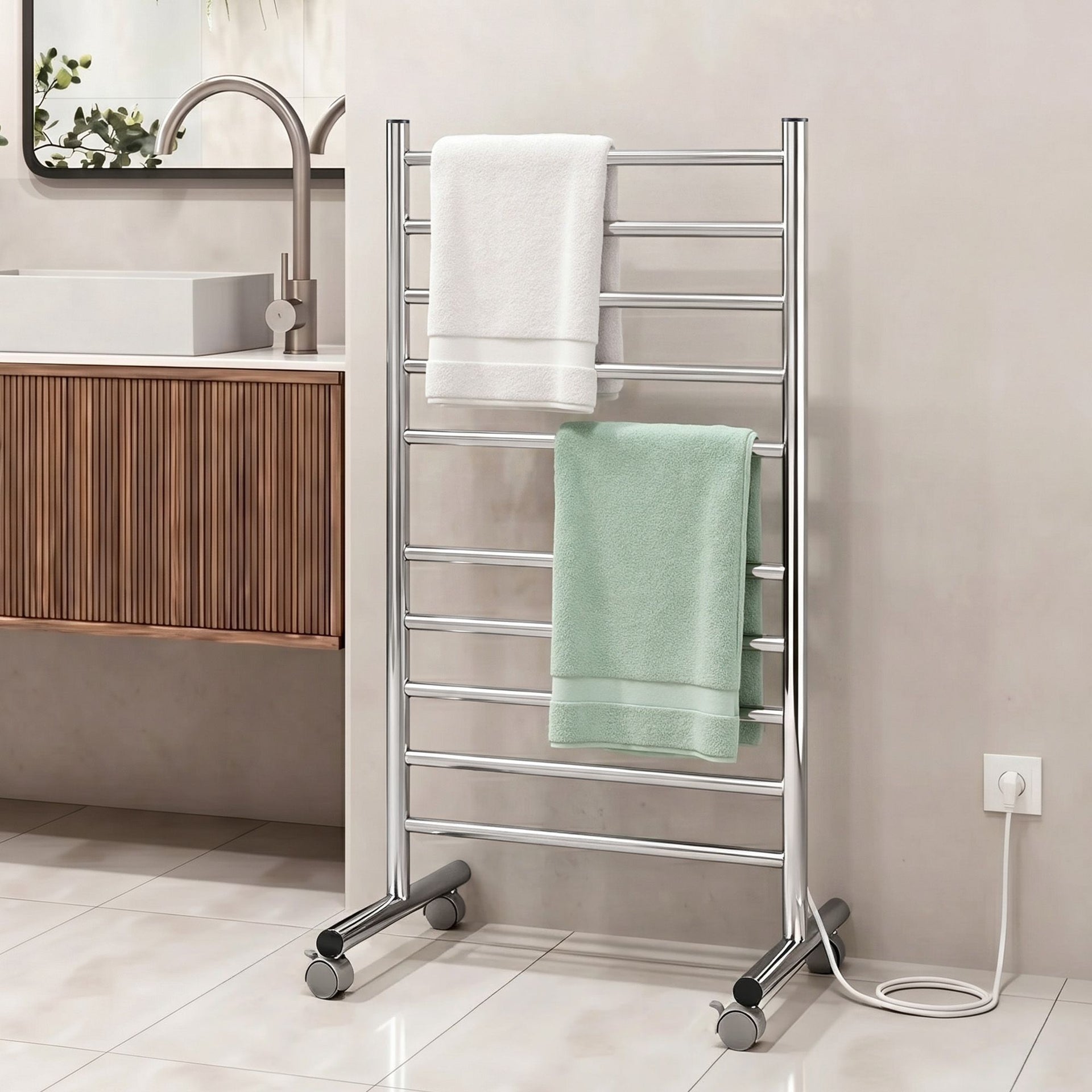 Devanti 10-Bar Freestanding Heated Towel Rail 3-5 Mins Fast Heating Electric Towel Warmer for Bathroom Winter Drying Stainless Steel Plug In 100W Awezingly