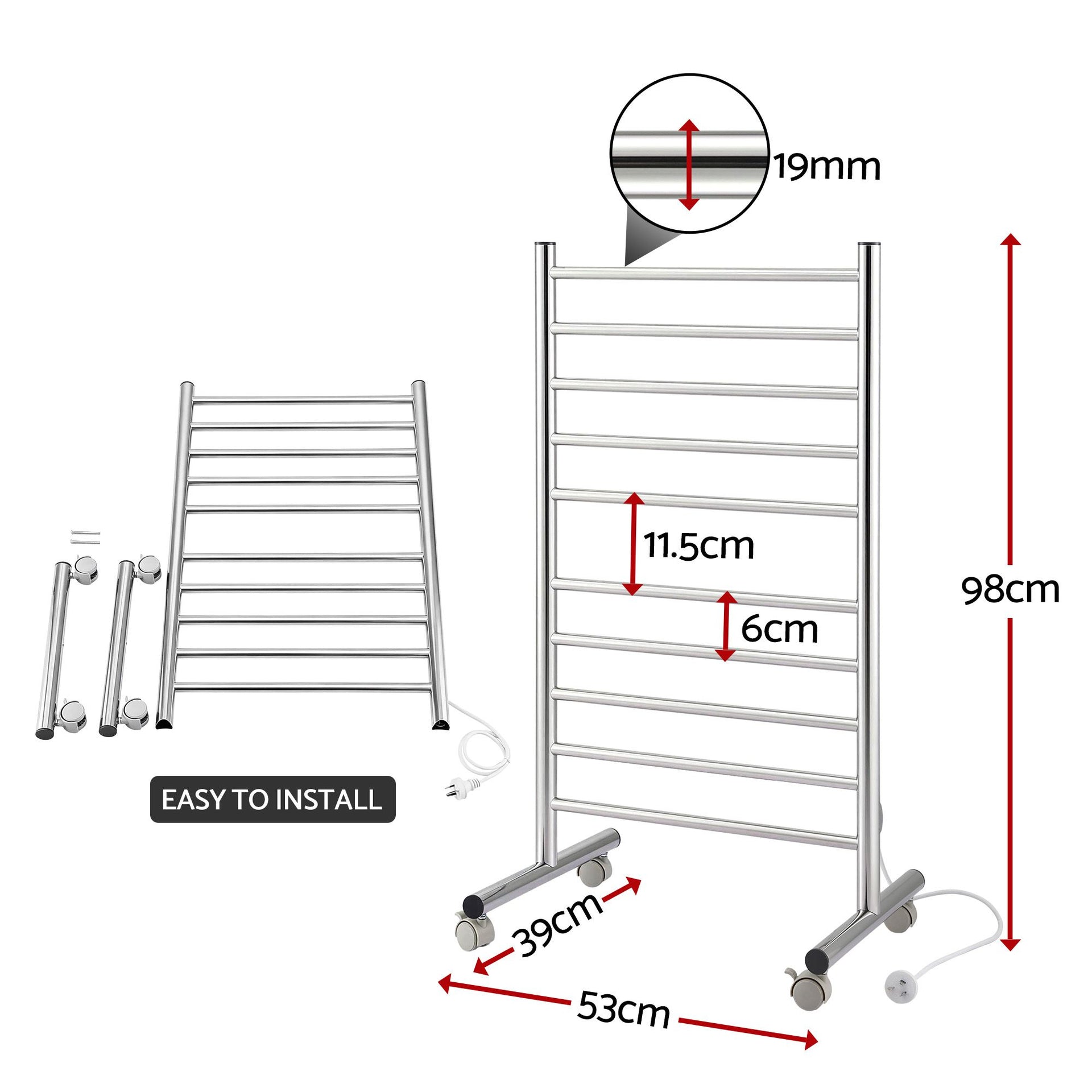 Devanti 10-Bar Freestanding Heated Towel Rail 3-5 Mins Fast Heating Electric Towel Warmer for Bathroom Winter Drying Stainless Steel Plug In 100W Awezingly