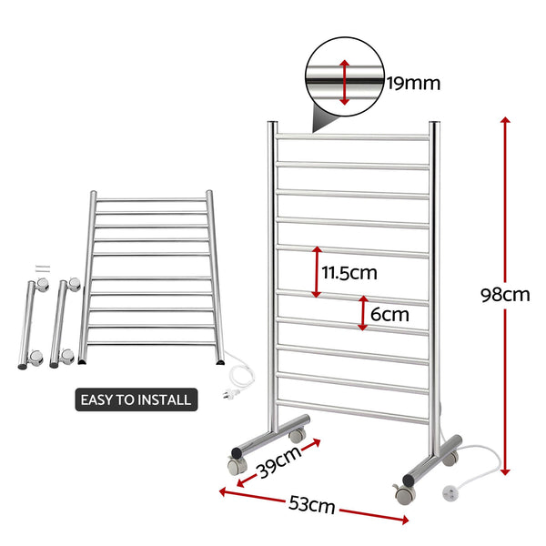 Devanti 10-Bar Freestanding Heated Towel Rail 3-5 Mins Fast Heating Electric Towel Warmer for Bathroom Winter Drying Stainless Steel Plug In 100W Awezingly