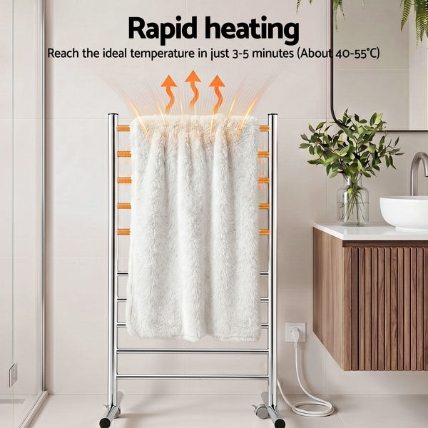 Devanti 10-Bar Freestanding Heated Towel Rail 3-5 Mins Fast Heating Electric Towel Warmer for Bathroom Winter Drying Stainless Steel Plug In 100W Awezingly