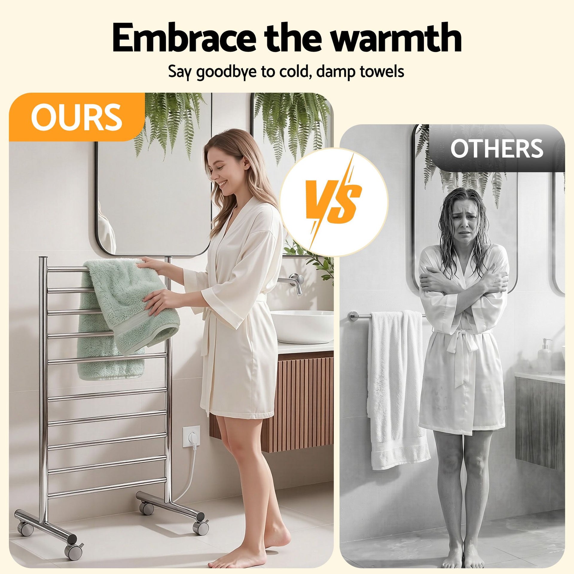 Devanti 10-Bar Freestanding Heated Towel Rail 3-5 Mins Fast Heating Electric Towel Warmer for Bathroom Winter Drying Stainless Steel Plug In 100W Awezingly