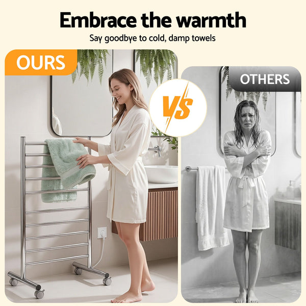 Devanti 10-Bar Freestanding Heated Towel Rail 3-5 Mins Fast Heating Electric Towel Warmer for Bathroom Winter Drying Stainless Steel Plug In 100W Awezingly