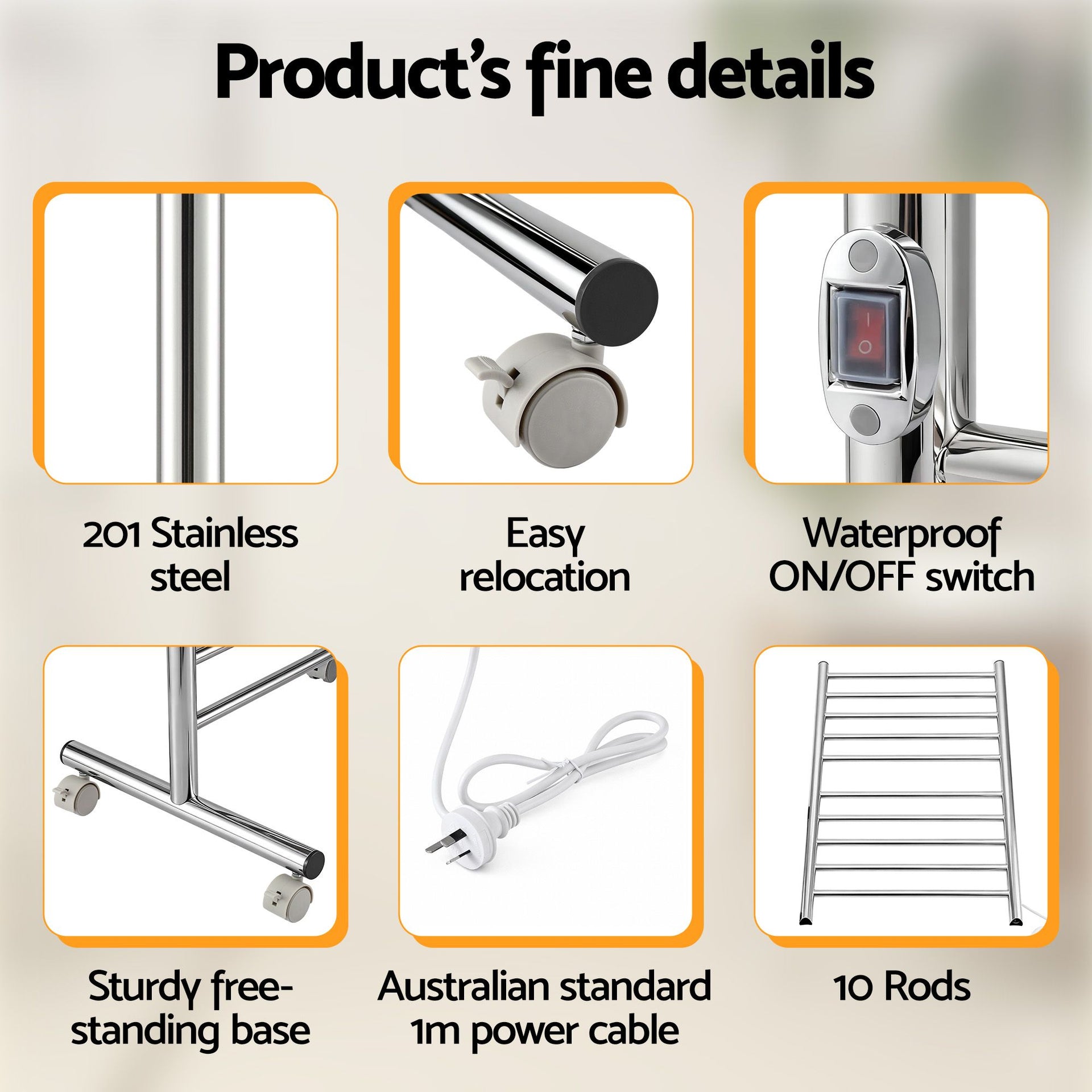 Devanti 10-Bar Freestanding Heated Towel Rail 3-5 Mins Fast Heating Electric Towel Warmer for Bathroom Winter Drying Stainless Steel Plug In 100W Awezingly