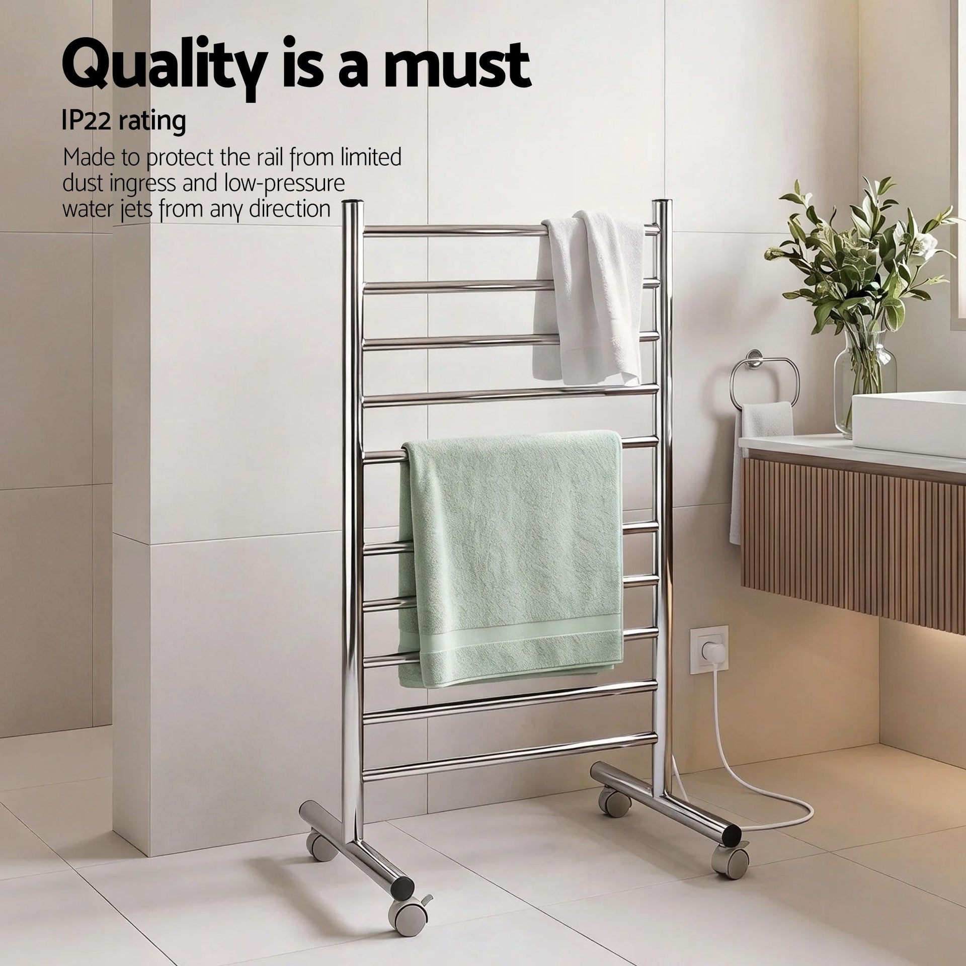 Devanti 10-Bar Freestanding Heated Towel Rail 3-5 Mins Fast Heating Electric Towel Warmer for Bathroom Winter Drying Stainless Steel Plug In 100W Awezingly