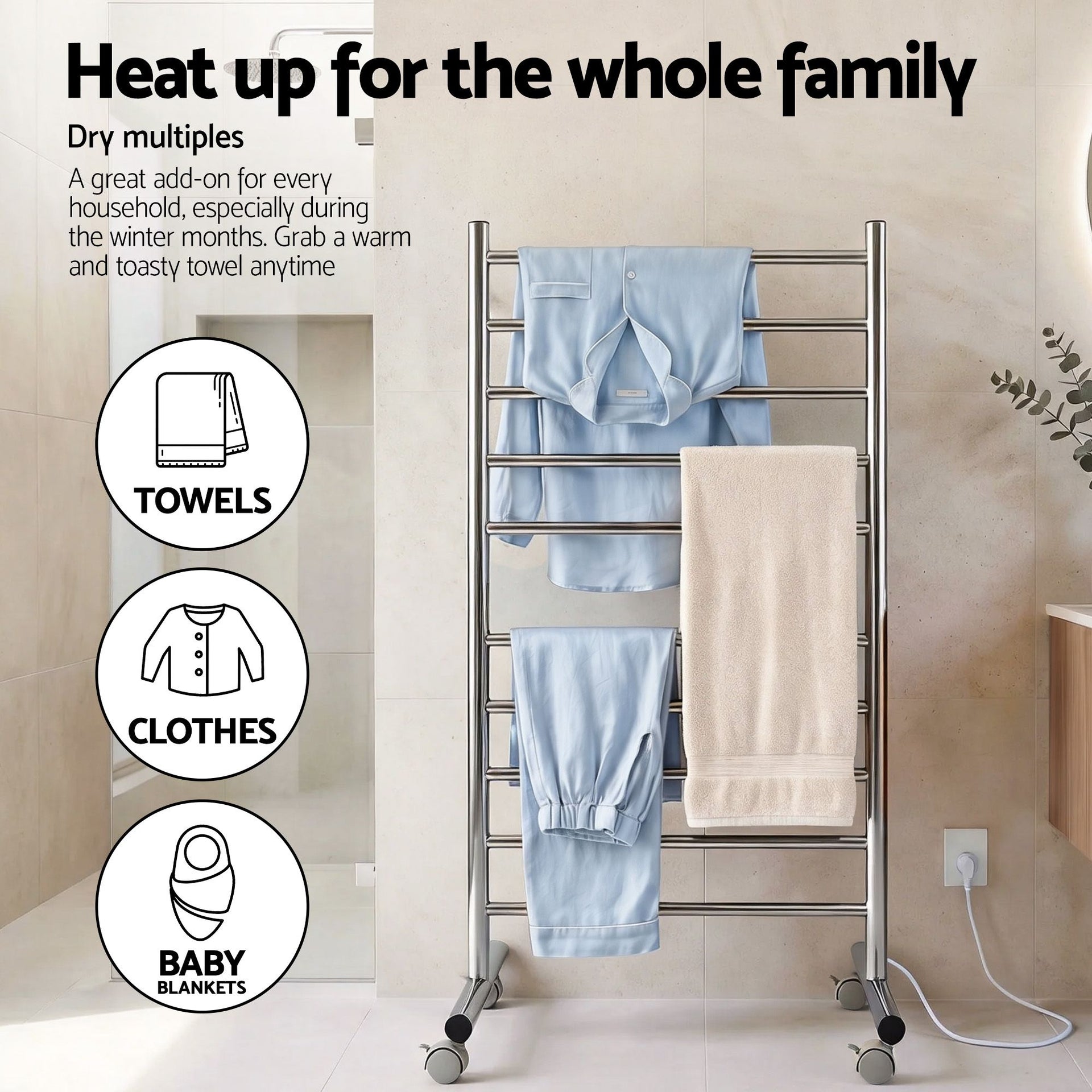 Devanti 10-Bar Freestanding Heated Towel Rail 3-5 Mins Fast Heating Electric Towel Warmer for Bathroom Winter Drying Stainless Steel Plug In 100W Awezingly