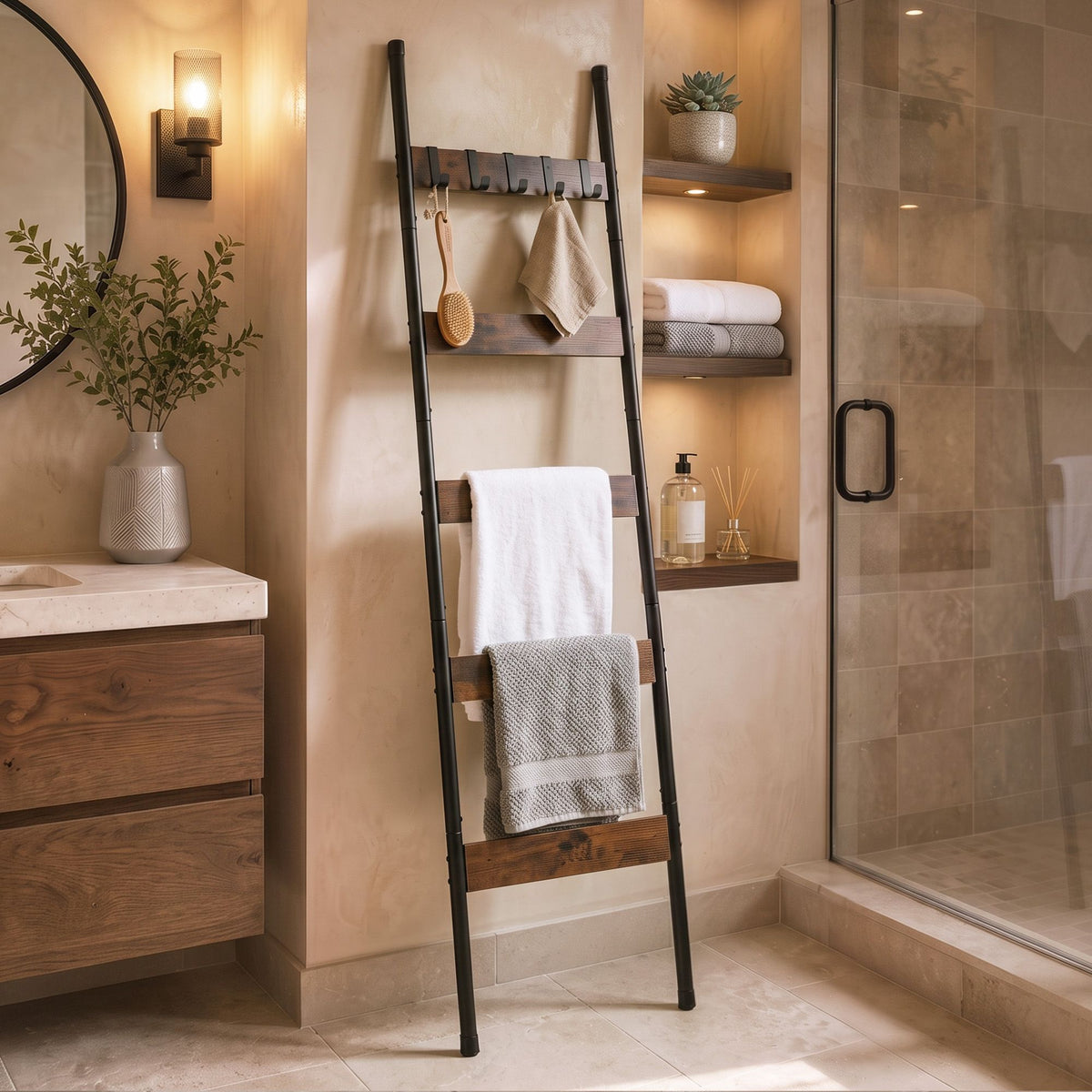 Devanti 5-Tier Blanket Ladder with Anti-Tip Kit, Towel Rack for Bathroom, Quilt Rack with 5 Hooks for Clothes and Bags, Black Metal and Rustic Wood Leaning Ladder Shelf, 44x160cm Awezingly