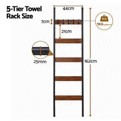 Devanti 5-Tier Blanket Ladder with Anti-Tip Kit, Towel Rack for Bathroom, Quilt Rack with 5 Hooks for Clothes and Bags, Black Metal and Rustic Wood Leaning Ladder Shelf, 44x160cm