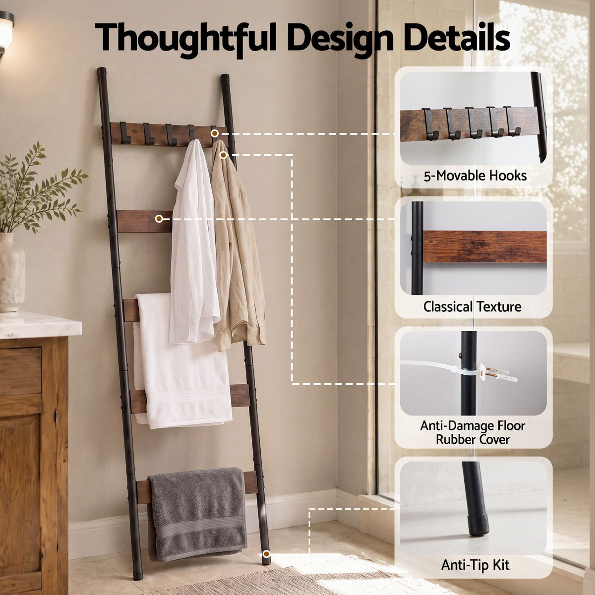 Devanti 5-Tier Blanket Ladder with Anti-Tip Kit, Towel Rack for Bathroom, Quilt Rack with 5 Hooks for Clothes and Bags, Black Metal and Rustic Wood Leaning Ladder Shelf, 44x160cm Awezingly