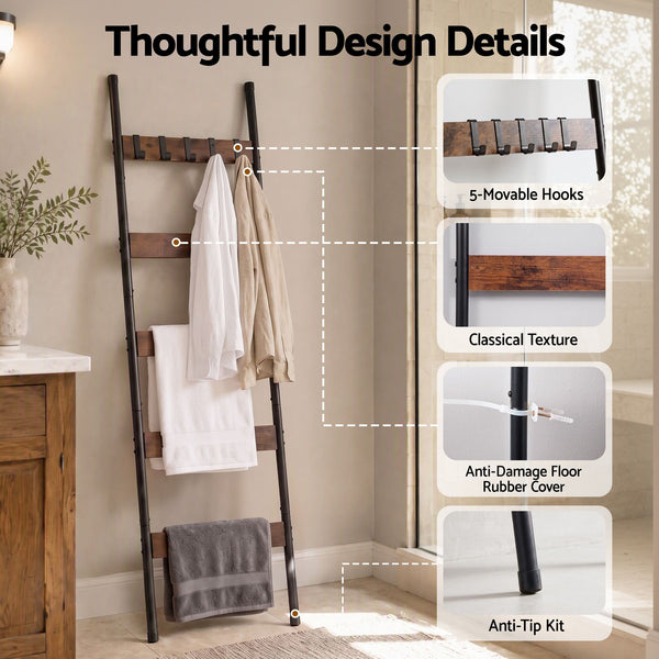 Devanti 5-Tier Blanket Ladder with Anti-Tip Kit, Towel Rack for Bathroom, Quilt Rack with 5 Hooks for Clothes and Bags, Black Metal and Rustic Wood Leaning Ladder Shelf, 44x160cm Awezingly