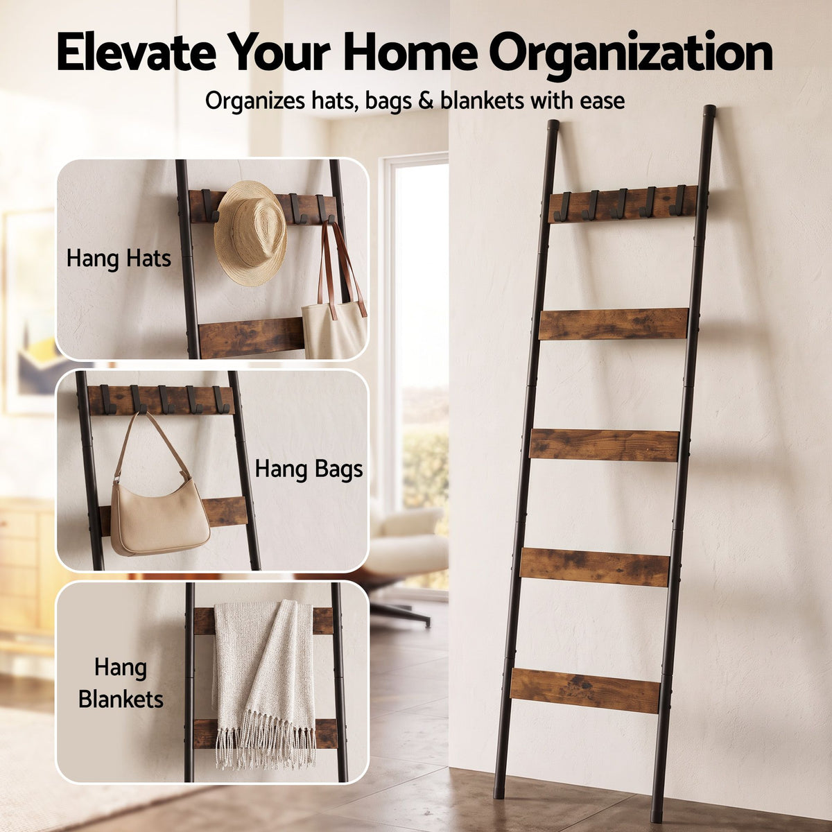 Devanti 5-Tier Blanket Ladder with Anti-Tip Kit, Towel Rack for Bathroom, Quilt Rack with 5 Hooks for Clothes and Bags, Black Metal and Rustic Wood Leaning Ladder Shelf, 44x160cm Awezingly