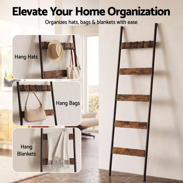 Devanti 5-Tier Blanket Ladder with Anti-Tip Kit, Towel Rack for Bathroom, Quilt Rack with 5 Hooks for Clothes and Bags, Black Metal and Rustic Wood Leaning Ladder Shelf, 44x160cm Awezingly
