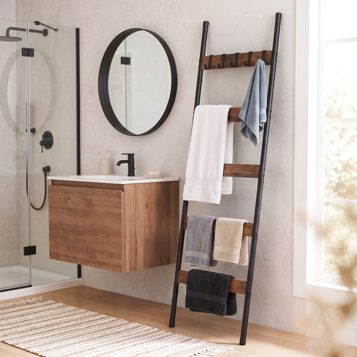 Devanti 5-Tier Blanket Ladder with Anti-Tip Kit, Towel Rack for Bathroom, Quilt Rack with 5 Hooks for Clothes and Bags, Black Metal and Rustic Wood Leaning Ladder Shelf, 44x160cm Awezingly