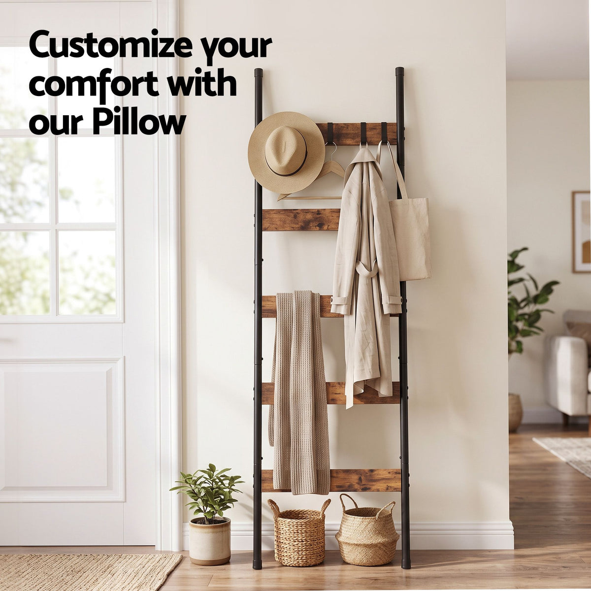 Devanti 5-Tier Blanket Ladder with Anti-Tip Kit, Towel Rack for Bathroom, Quilt Rack with 5 Hooks for Clothes and Bags, Black Metal and Rustic Wood Leaning Ladder Shelf, 44x160cm Awezingly