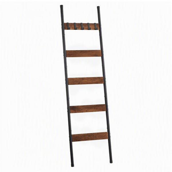 Devanti 5-Tier Blanket Ladder with Anti-Tip Kit, Towel Rack for Bathroom, Quilt Rack with 5 Hooks for Clothes and Bags, Black Metal and Rustic Wood Leaning Ladder Shelf, 44x160cm Awezingly