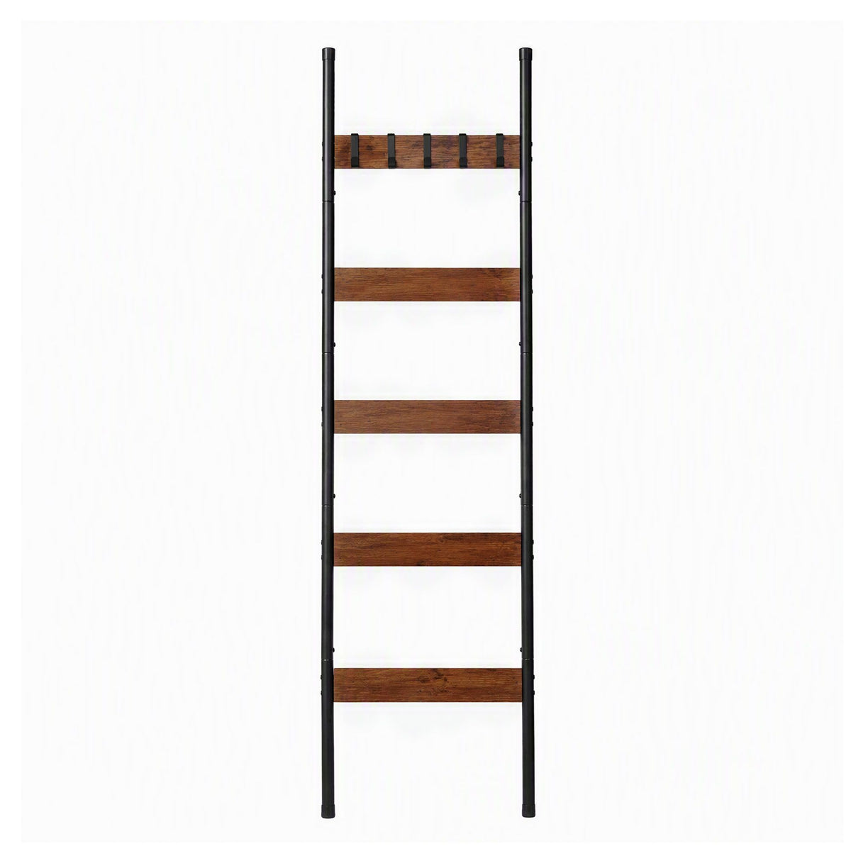 Devanti 5-Tier Blanket Ladder with Anti-Tip Kit, Towel Rack for Bathroom, Quilt Rack with 5 Hooks for Clothes and Bags, Black Metal and Rustic Wood Leaning Ladder Shelf, 44x160cm Awezingly