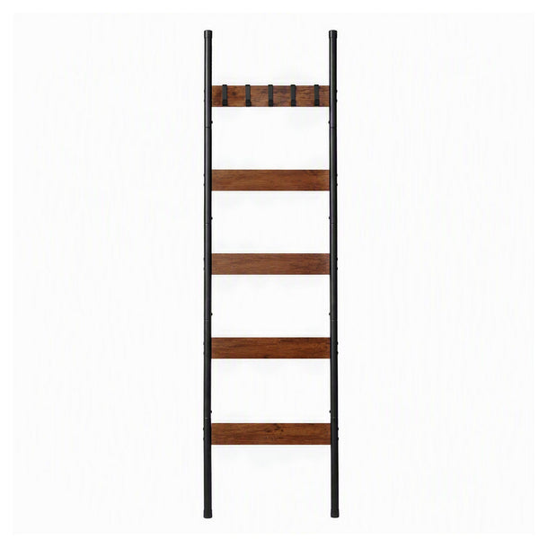 Devanti 5-Tier Blanket Ladder with Anti-Tip Kit, Towel Rack for Bathroom, Quilt Rack with 5 Hooks for Clothes and Bags, Black Metal and Rustic Wood Leaning Ladder Shelf, 44x160cm Awezingly