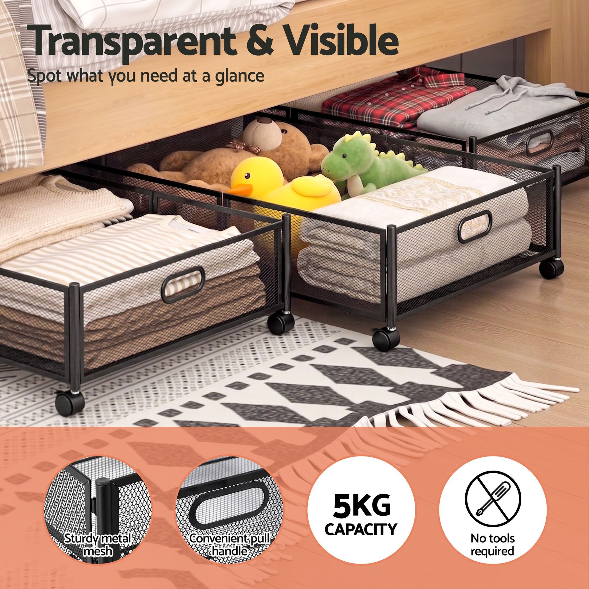 Artiss 2X Under Bed Storage Containers Metal Boxes Quilt Organiser with Wheels Awezingly