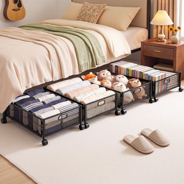 Artiss 4X Under Bed Storage Containers Metal Boxes Quilt Organiser with Wheels Awezingly