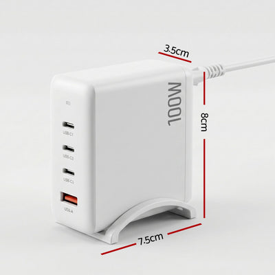 Devanti USB C Charger 100W Fast Charger 4 Port GaN Desktop Station White