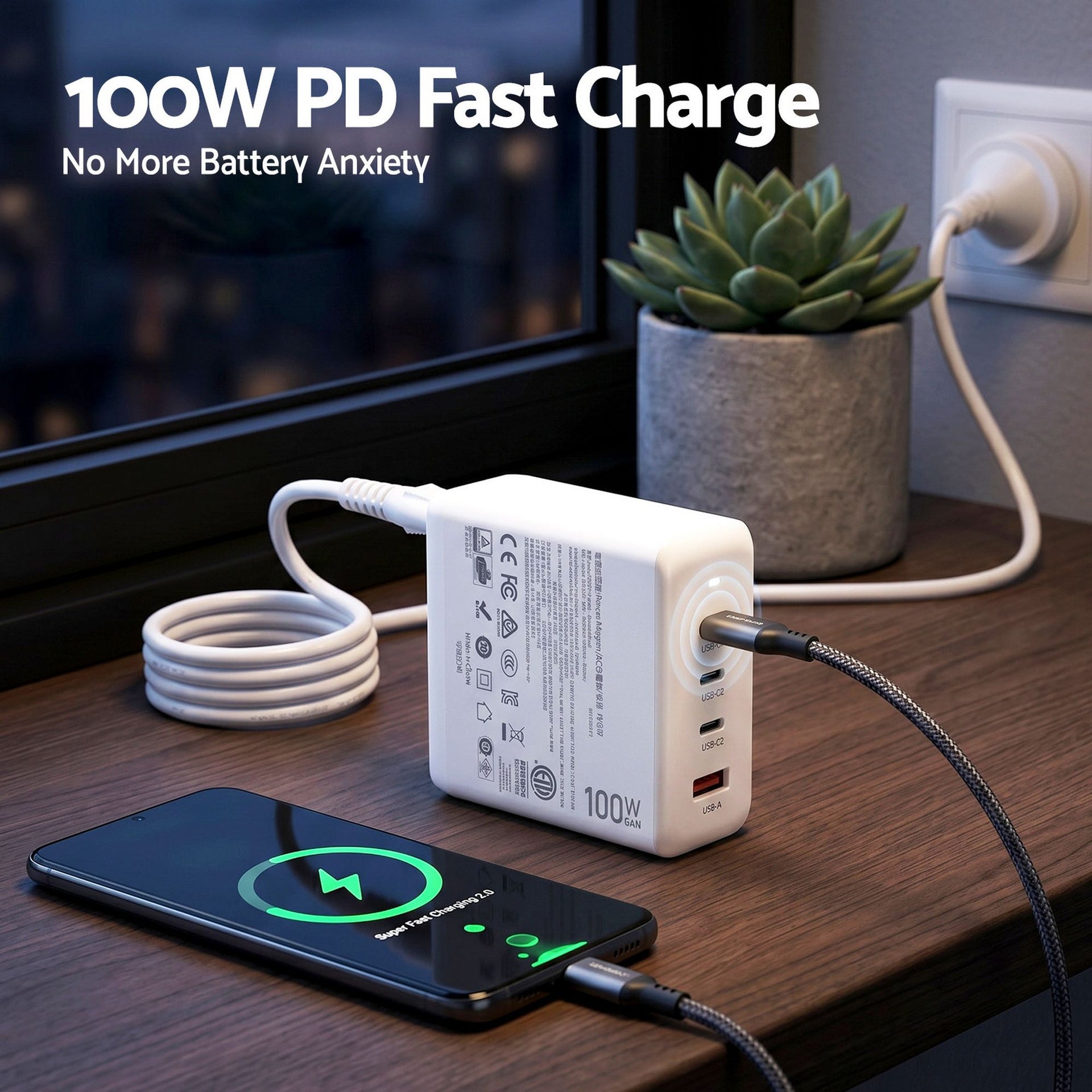 Devanti USB C Charger 100W Fast Charger 4 Port GaN Desktop Station White Awezingly