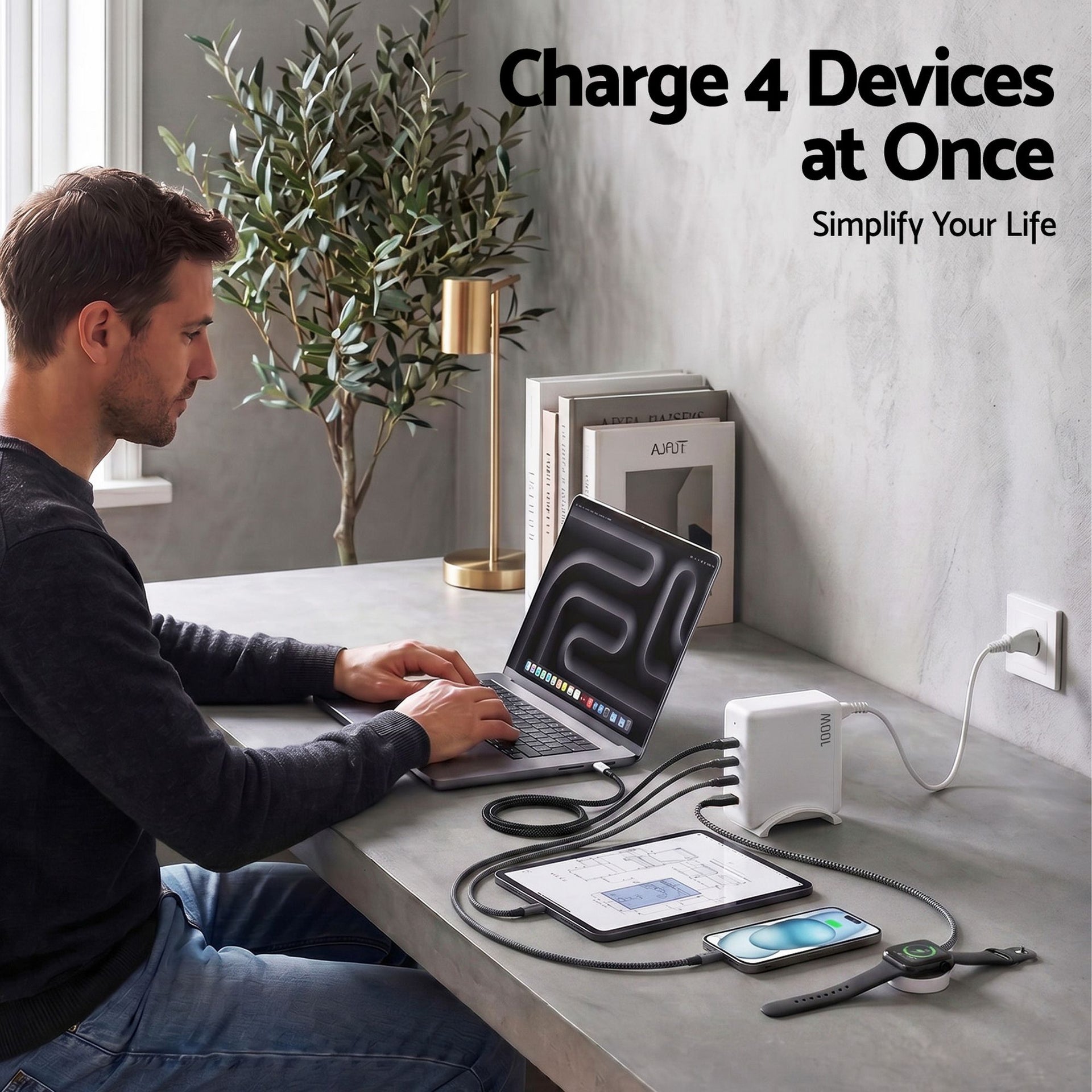 Devanti USB C Charger 100W Fast Charger 4 Port GaN Desktop Station White Awezingly